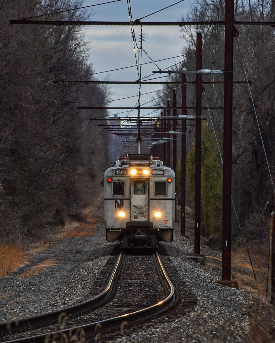 A train on railroad tracks with overhead electrical lines, moving through a wooded area during dusk or dawn.