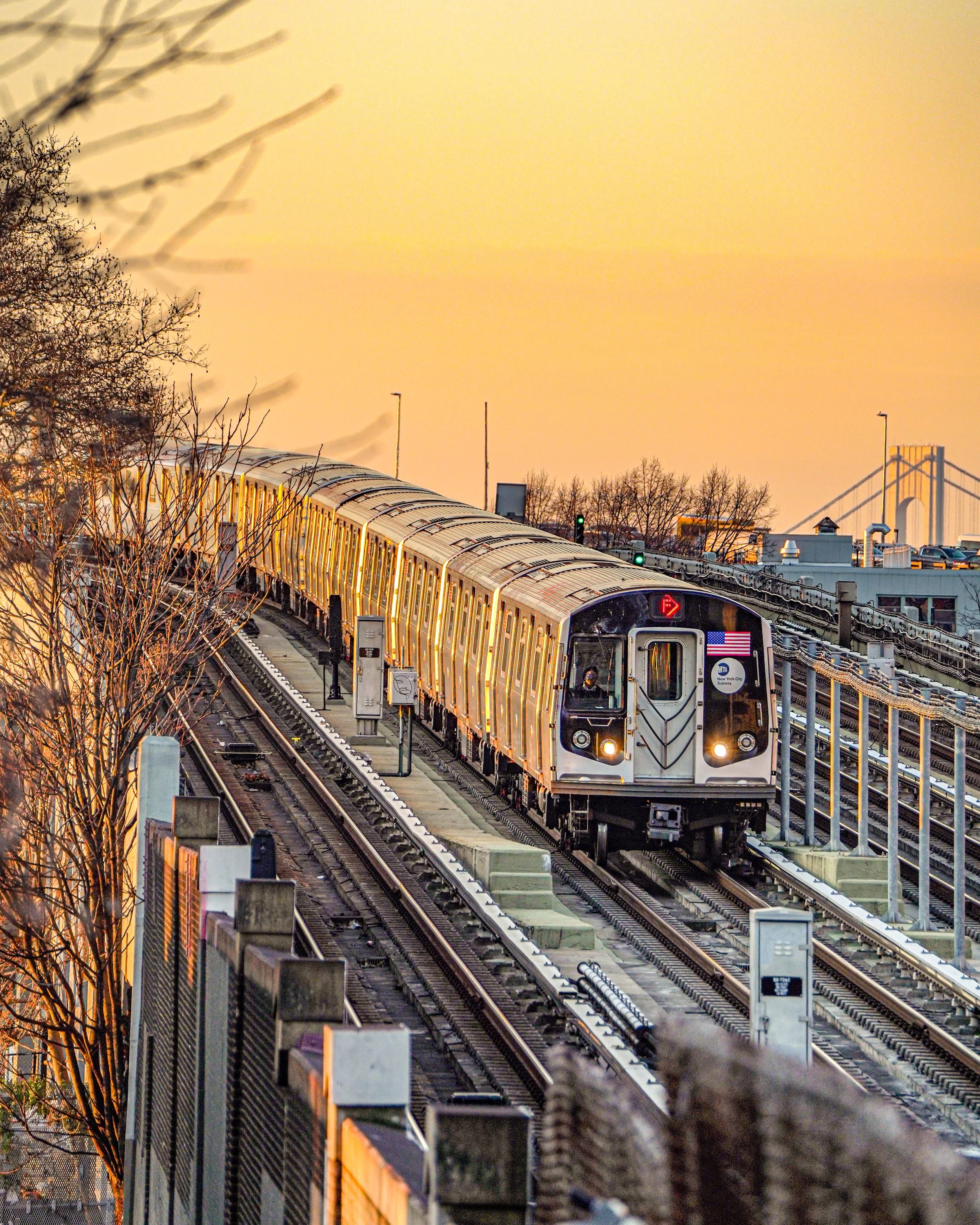 A subway train on an elevated track during sunset with a bridge in the background and trees on the side.