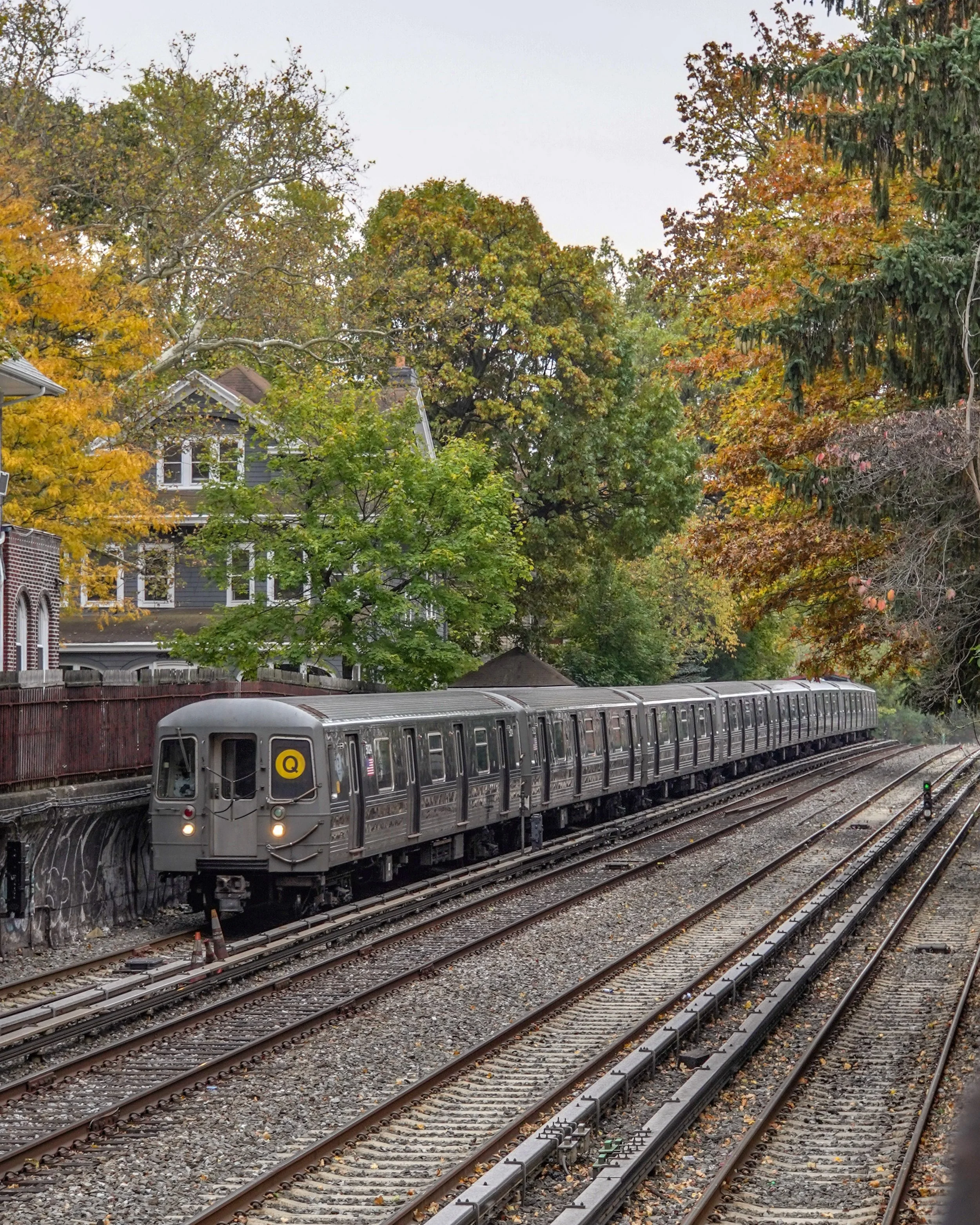 A subway train on open air tracks during fall, with trees and residential buildings in the background.