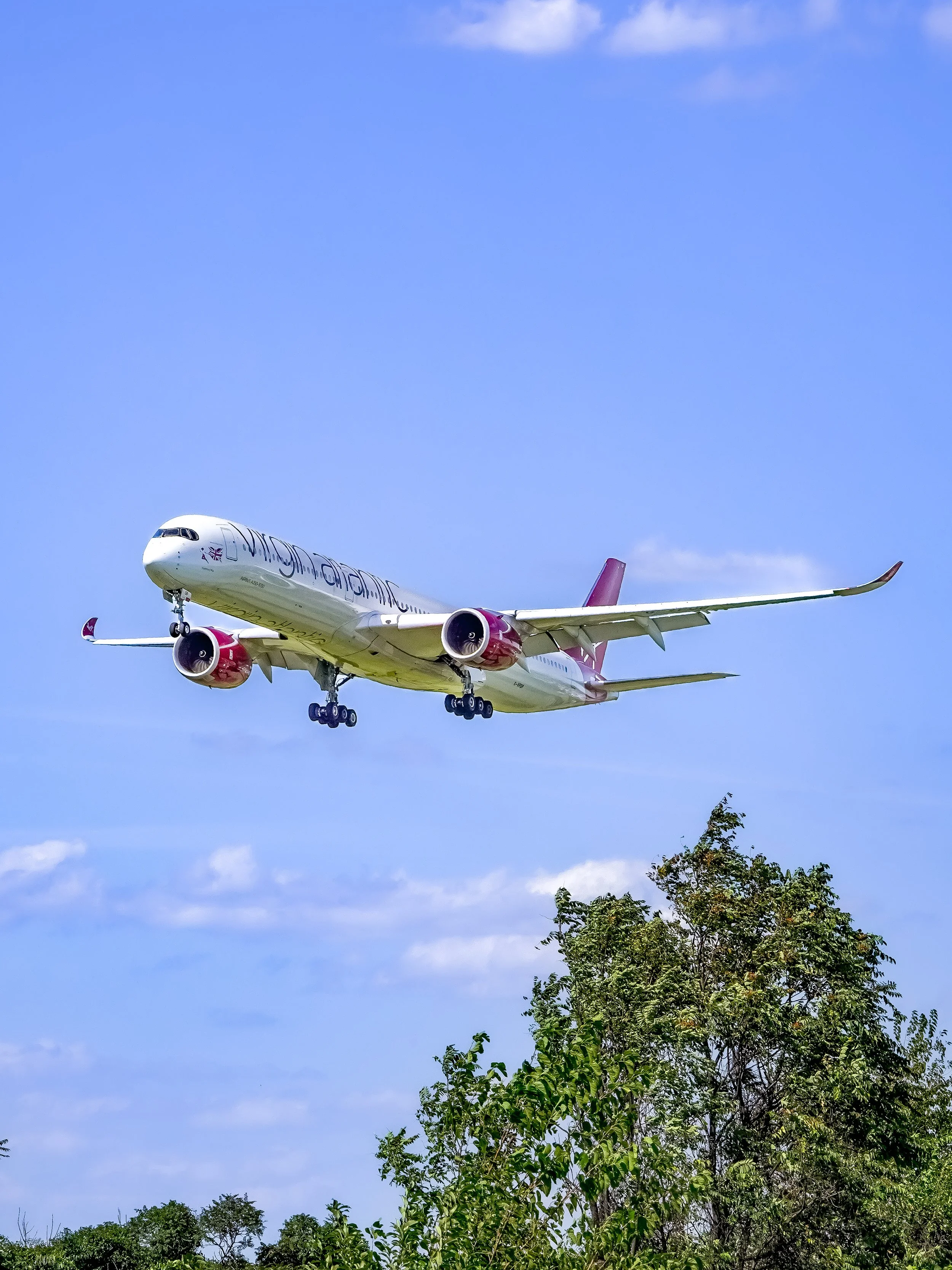 An airplane flying low above tree tops with a blue sky and some clouds.