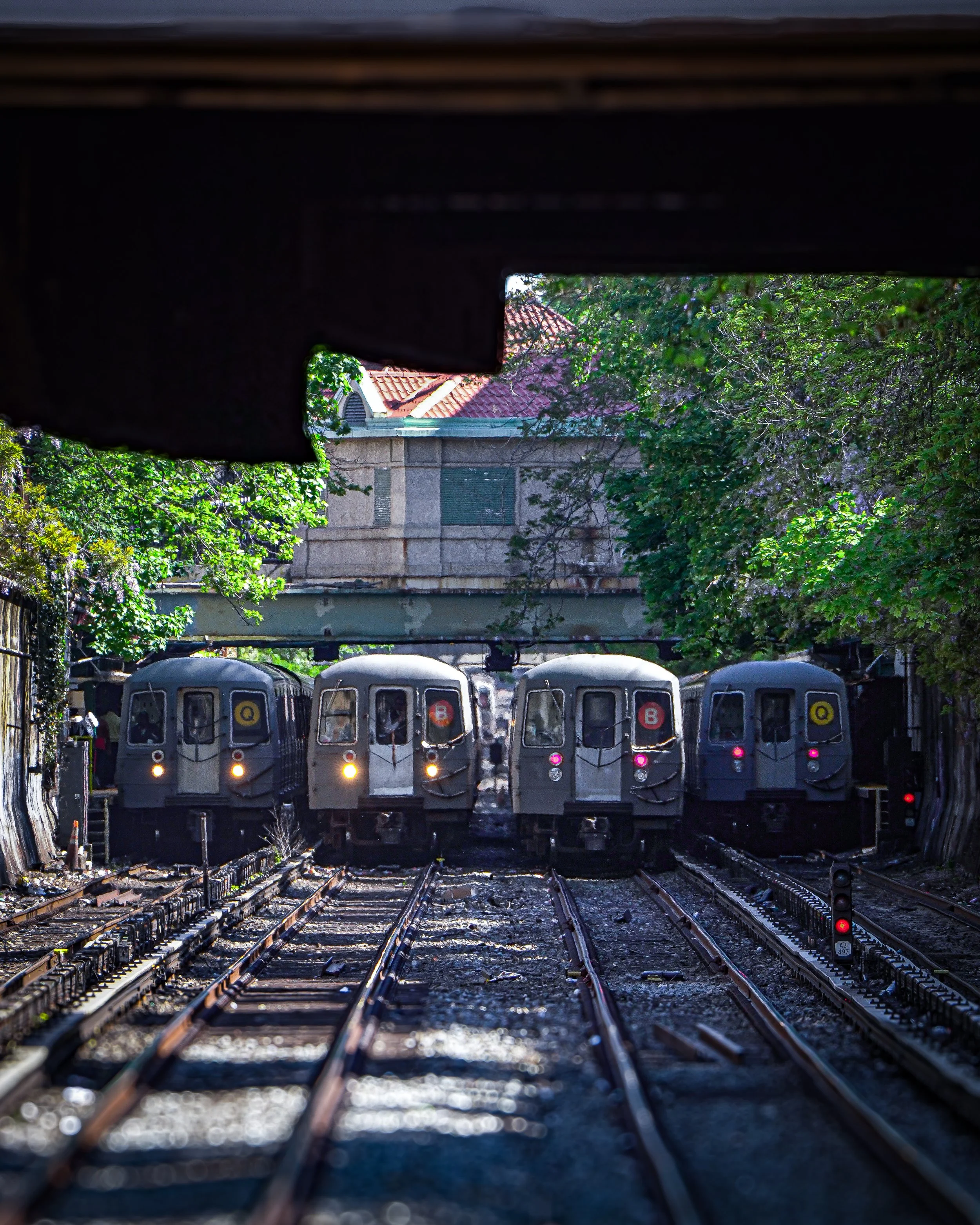 Four subway trains on tracks seen through an underpass with trees and buildings in the background.