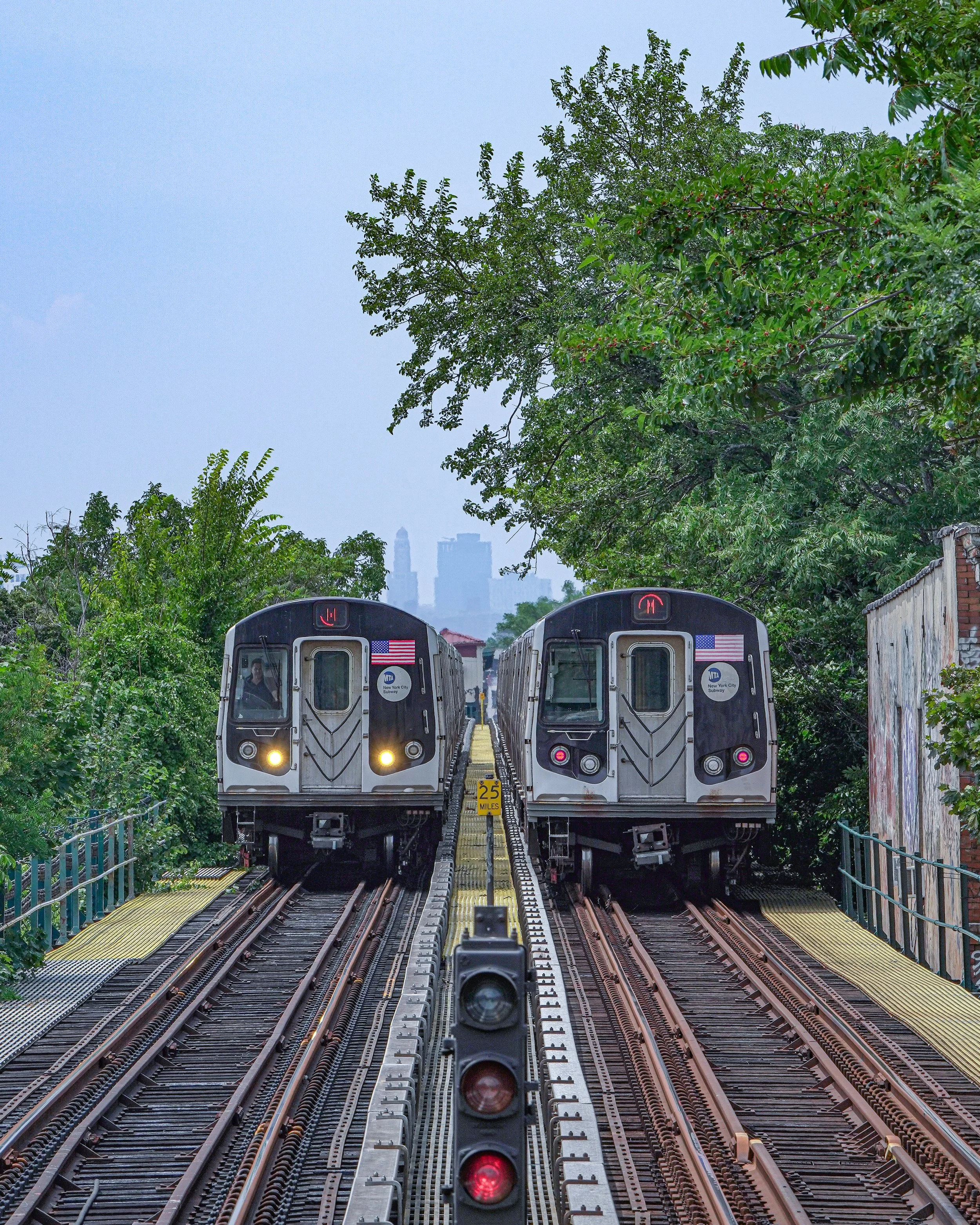Two New York City subway trains approaching on parallel tracks, with a warning light and trees on either side.