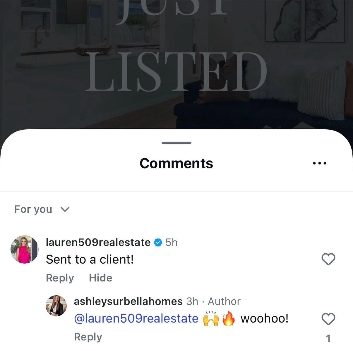 One of my recent listing posts had another agent comment: &ldquo;Sent to a client!&rdquo; (Thanks @lauren509realestate !)

And I smiled because that&rsquo;s exactly why I put listings on social media.

My job is to get your home in front of as many p