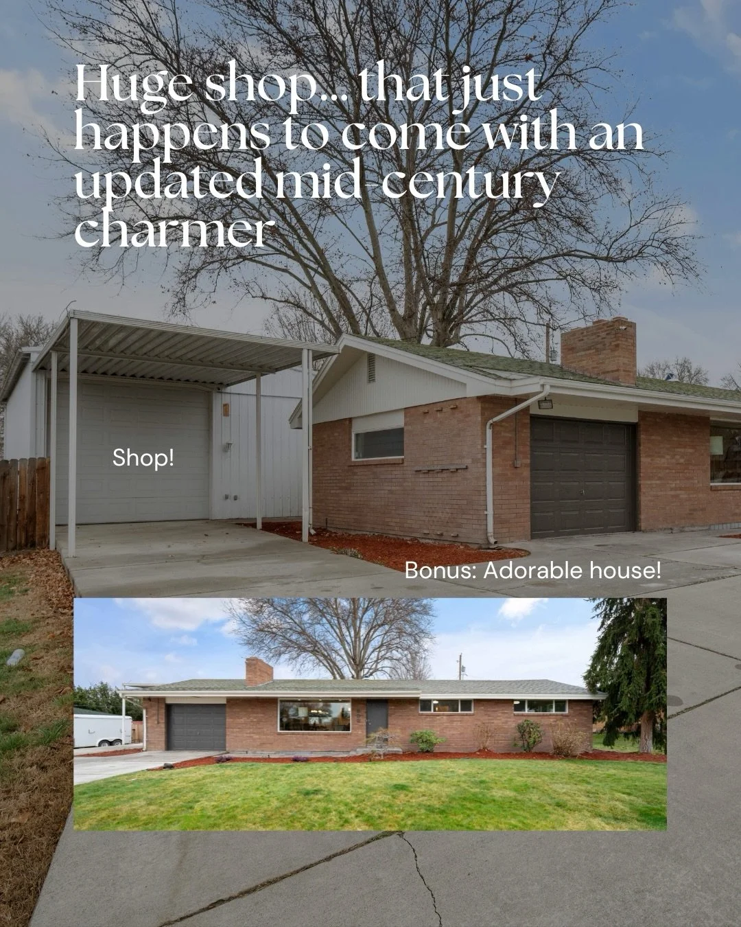 There&rsquo;s something about a mid-century home&mdash;the character, the design, the feeling.

Now pair that with over 900+ SF of shop space and you have something truly hard to find.

&bull; Massive shop with office, loft, and RV access
&bull; Upda