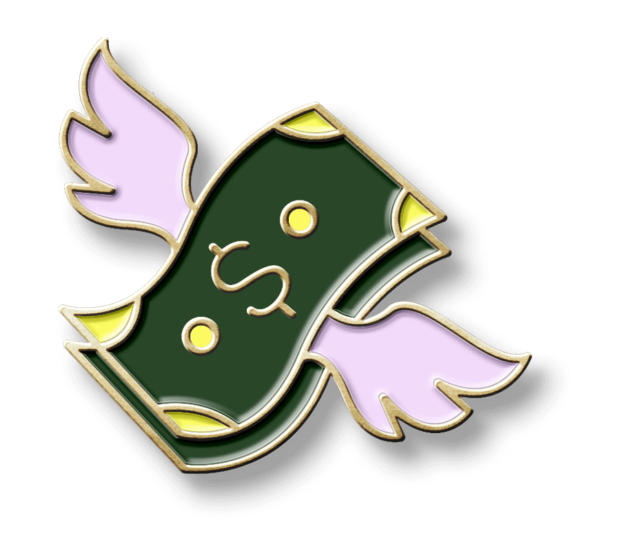 Two dollar bills with wings as a pin