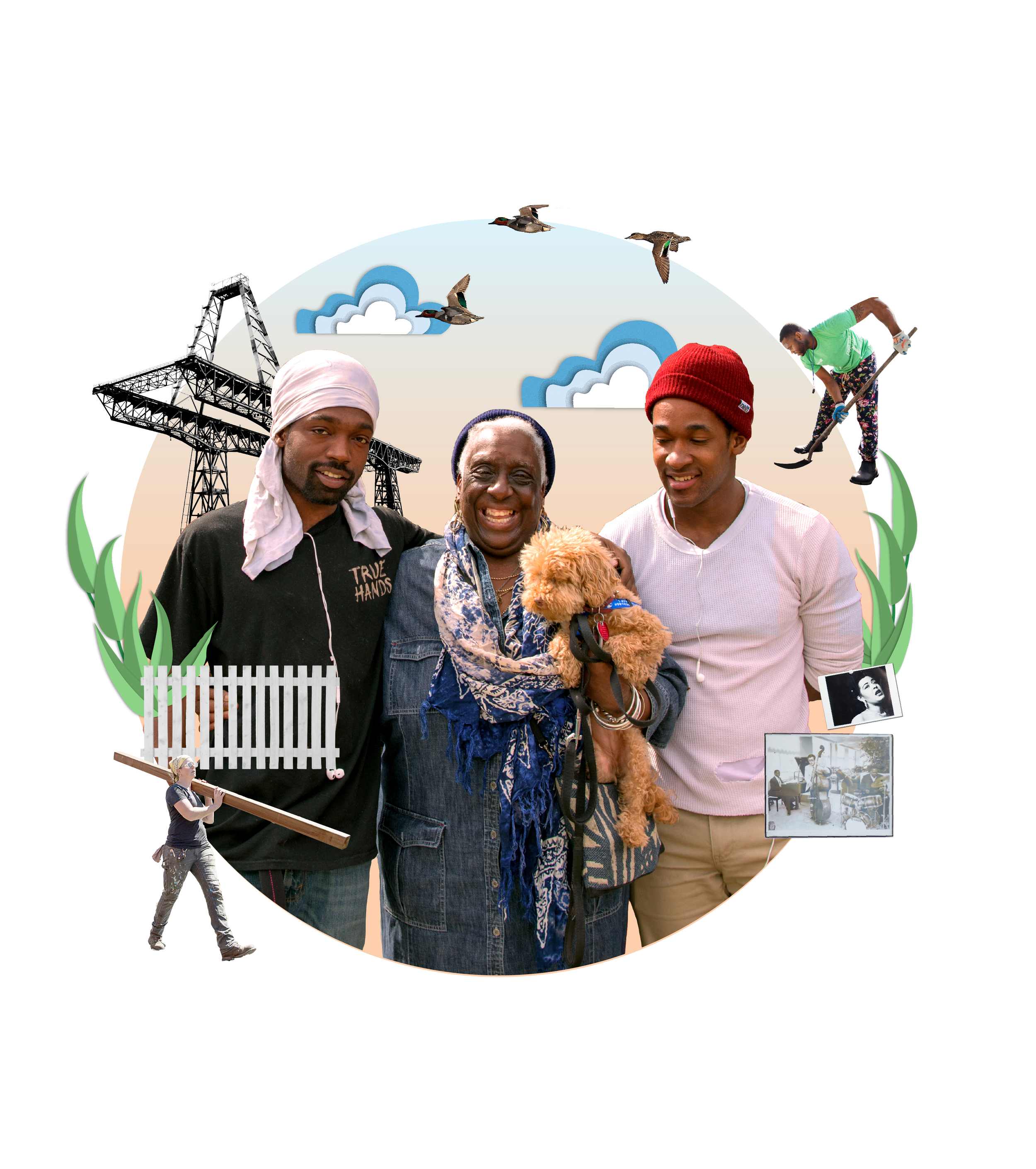 Cutout style images of family holding dog, man with shovel, woman in construction, birds flying above