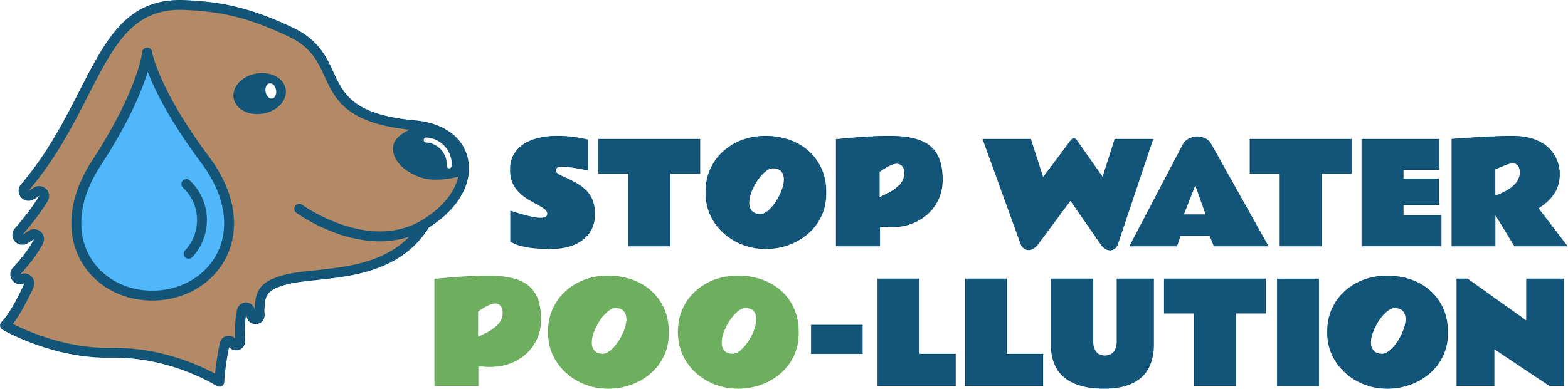 "STOP WATER POO-LLUTION" logo with illustration of a dog with a water droplet as its ear