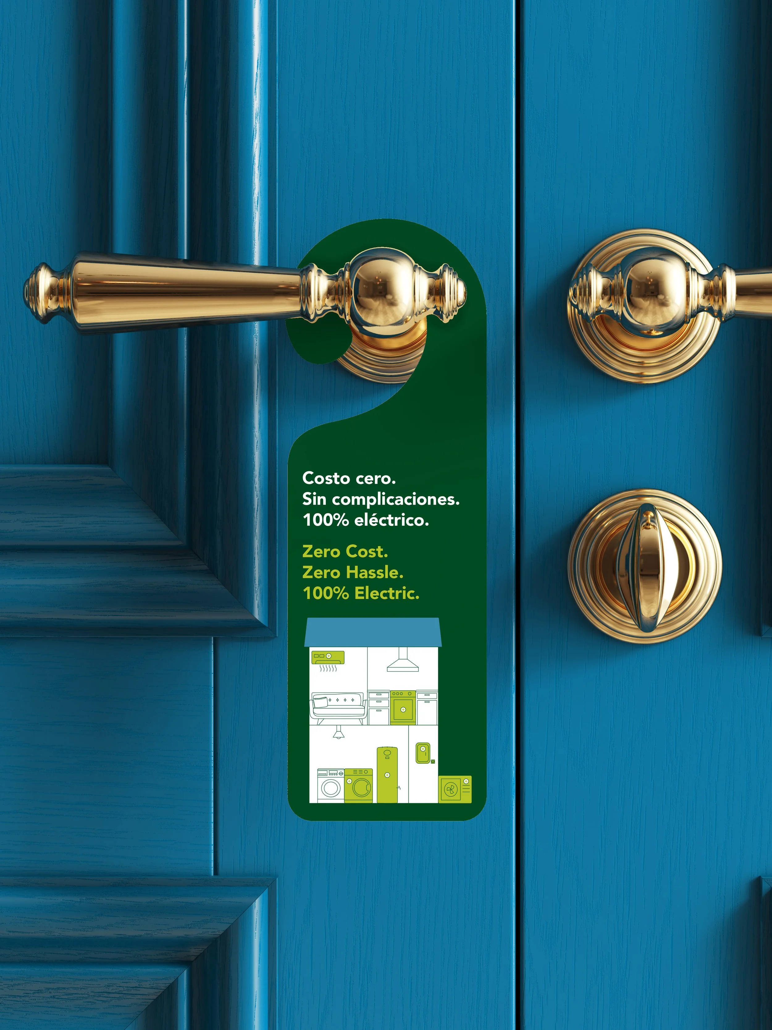 Door hanger on a blue door that reads "Zero Cost. Zero Hassle. 100% Electric."