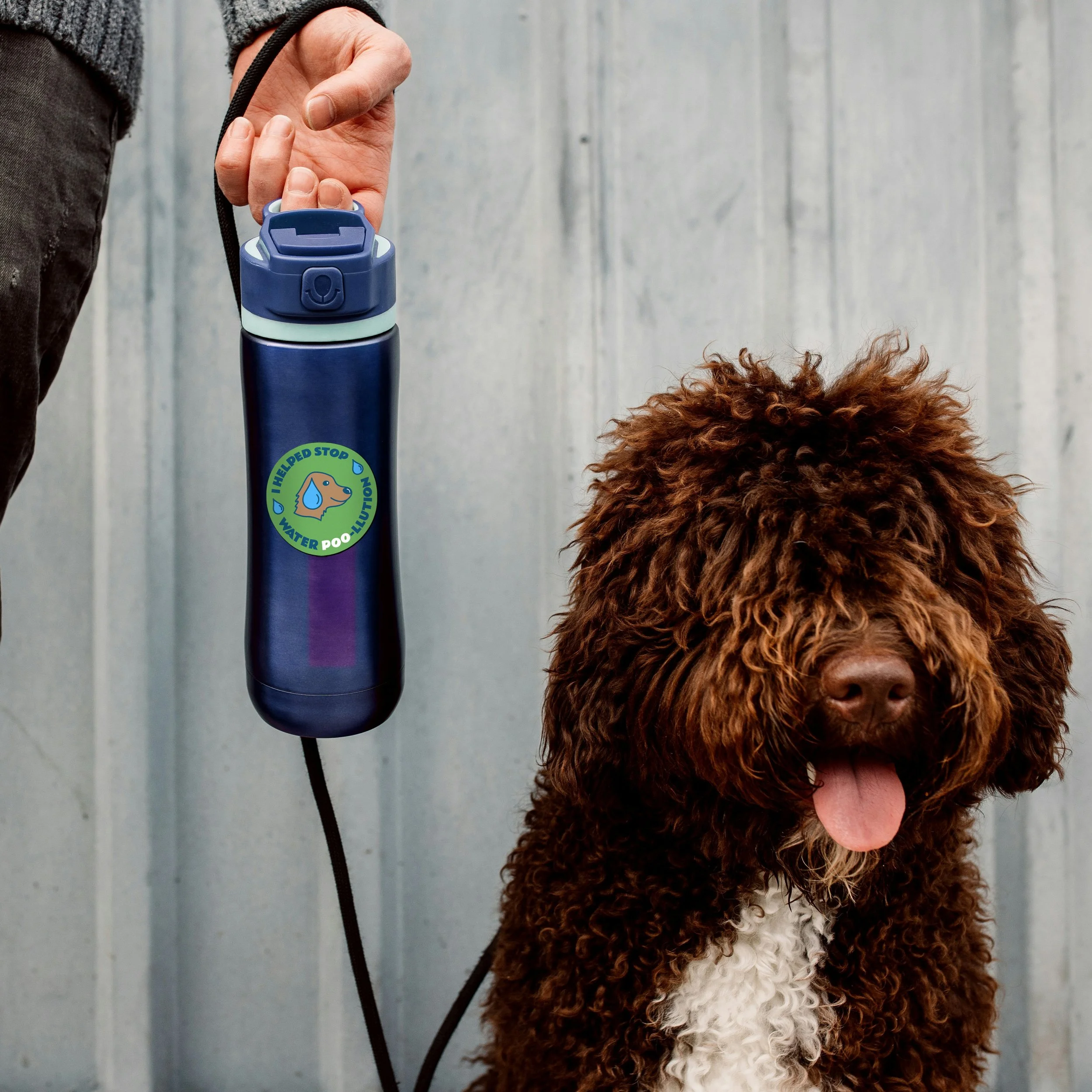 Hand holding leash with dog and water bottle that has an "I helped stop water poo-llution" sticker on it