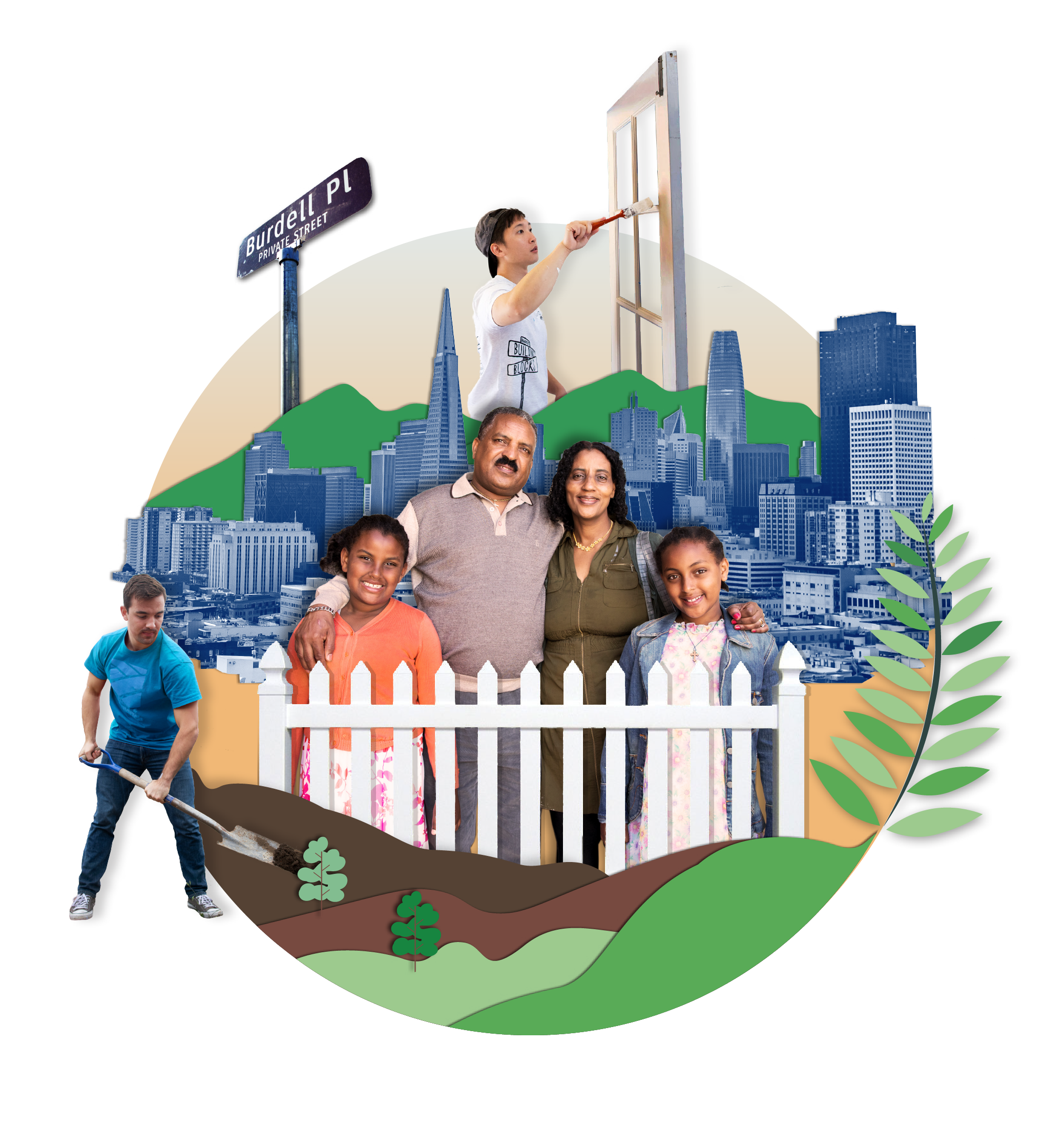 cutout style image of family in front of San Francisco skyline, man painting window and man shoveling the dirt