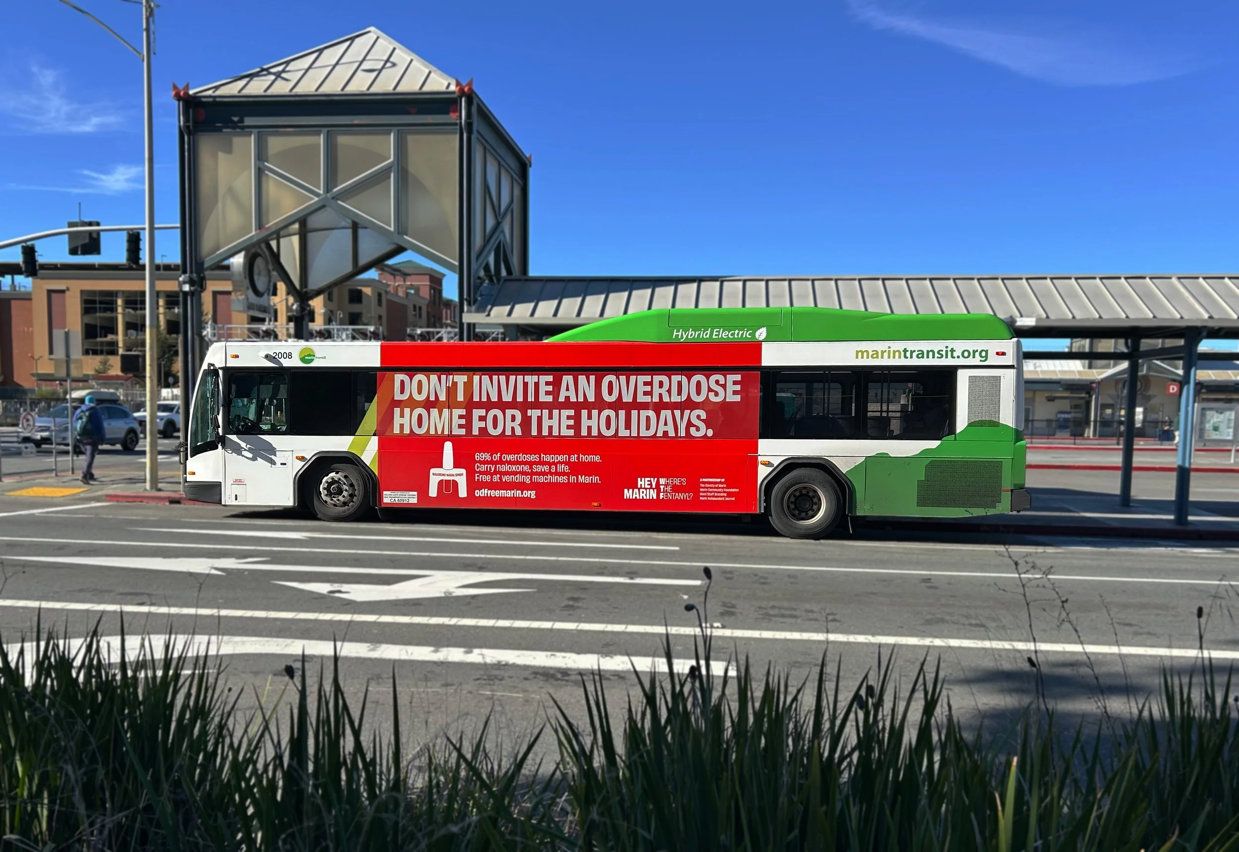 Marin Transit bus with Hey Marin, Where's the Fentanyl? campaign advertisement on the side