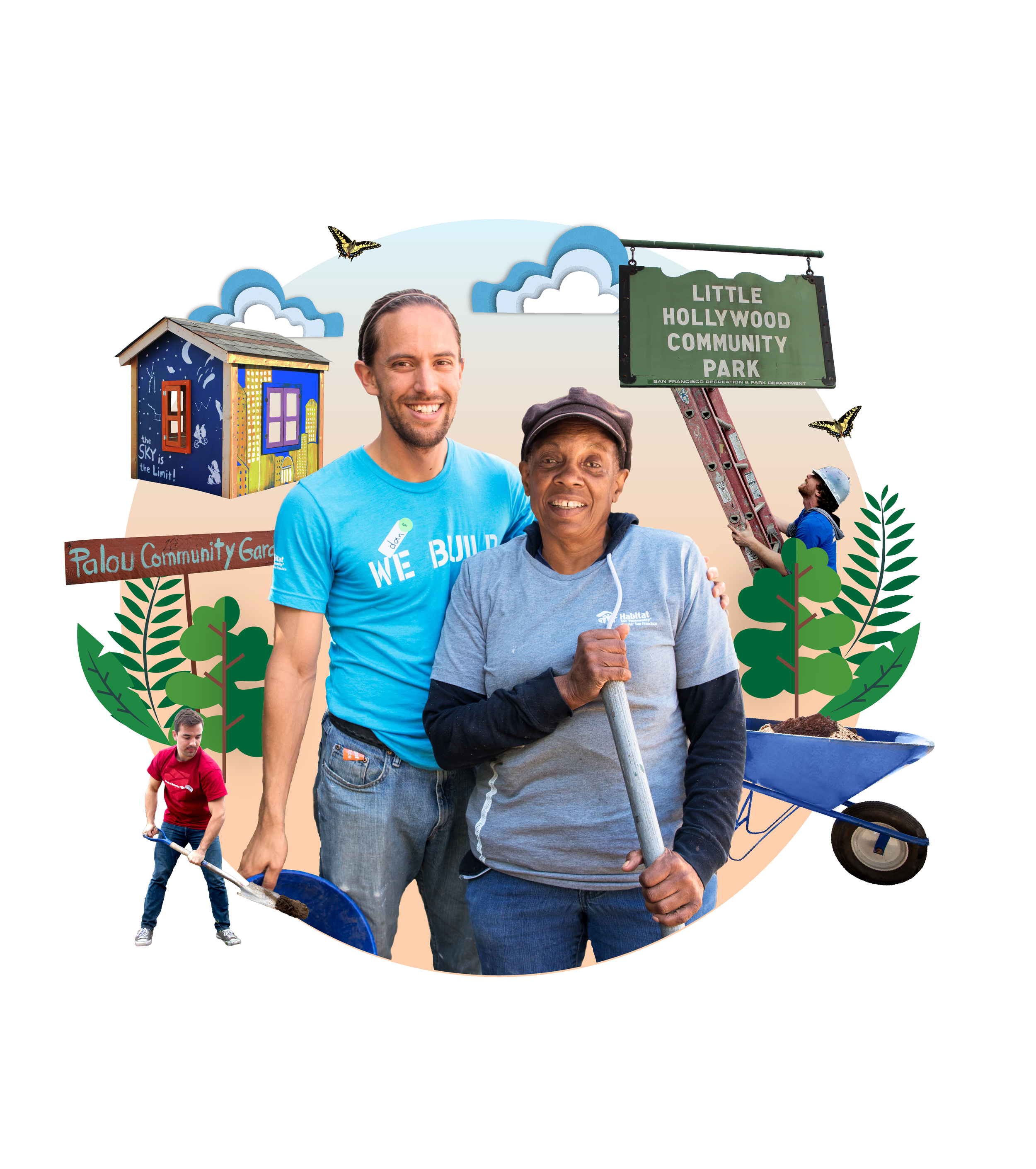 Cutout collage of man and woman volunteering, man digging with shovel, wheelbarrow, colorful shed, "Little Hollywood Community Park" sign, and butterflies flying around