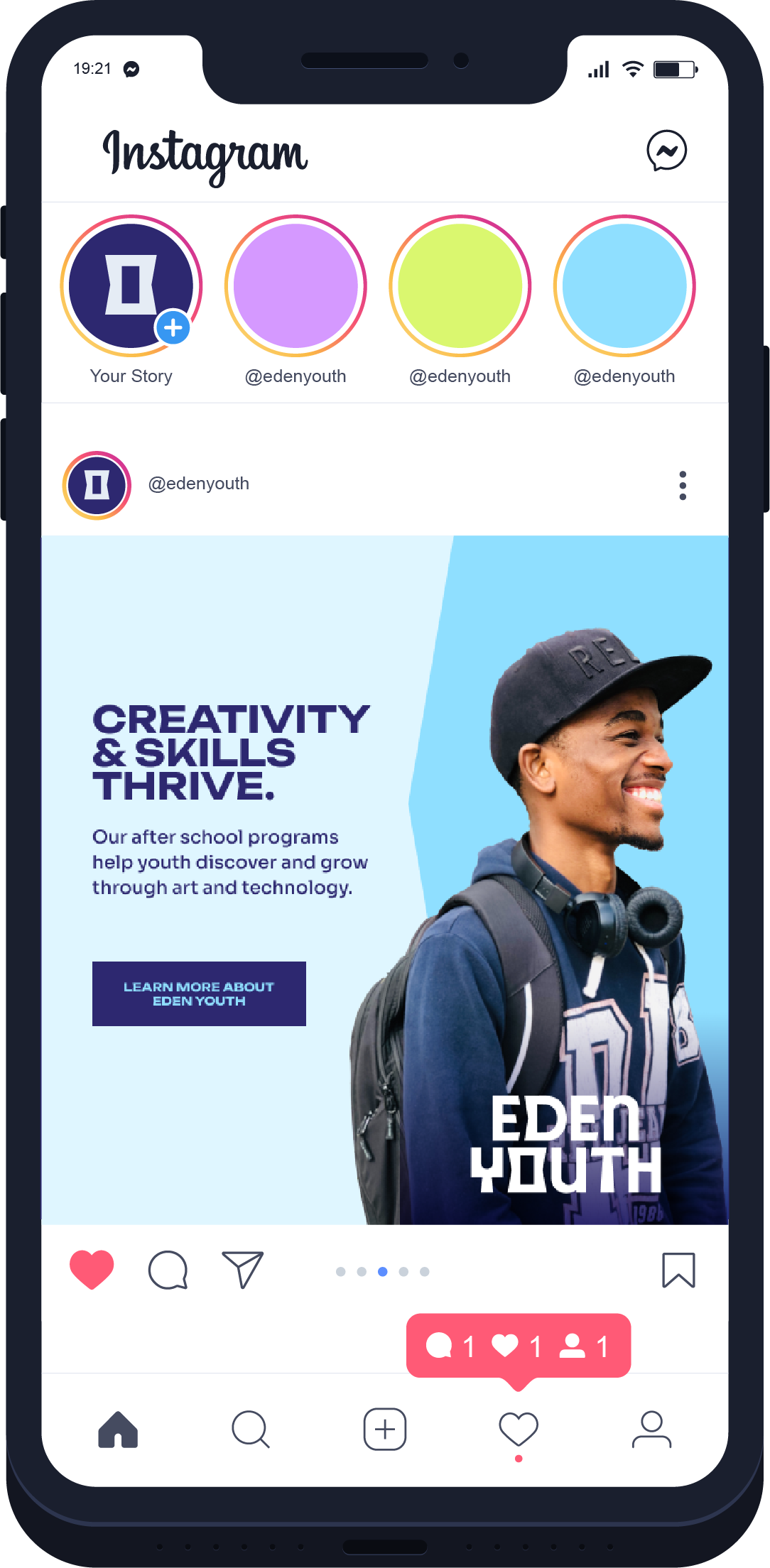 Eden Youth Instagram post design "Creativity & skills thrive."