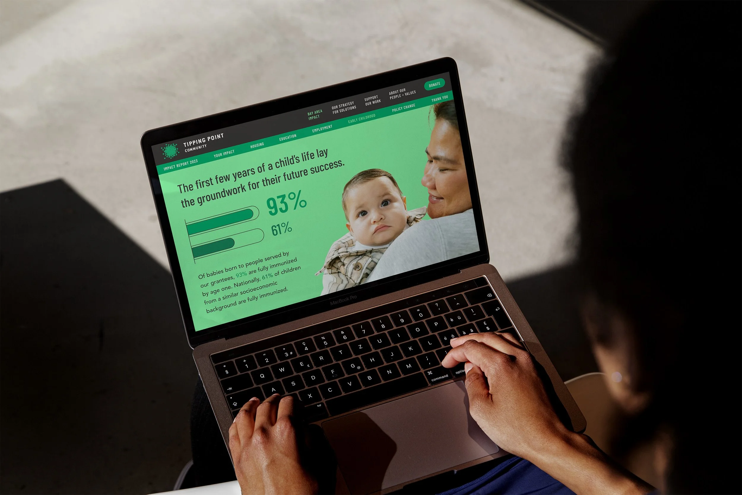 Person looking at laptop screen of Tipping Point Impact report infographic data visualization