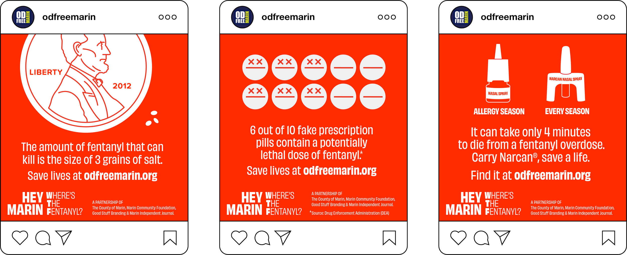 Set of 3 Instagram posts for Hey Marin, Where's the Fentanyl? campaign.