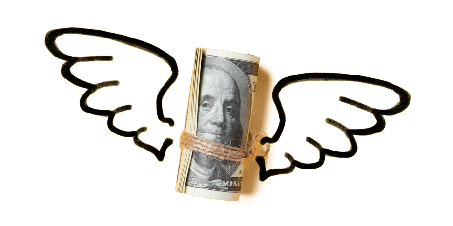 Rolled dollar bills with wings