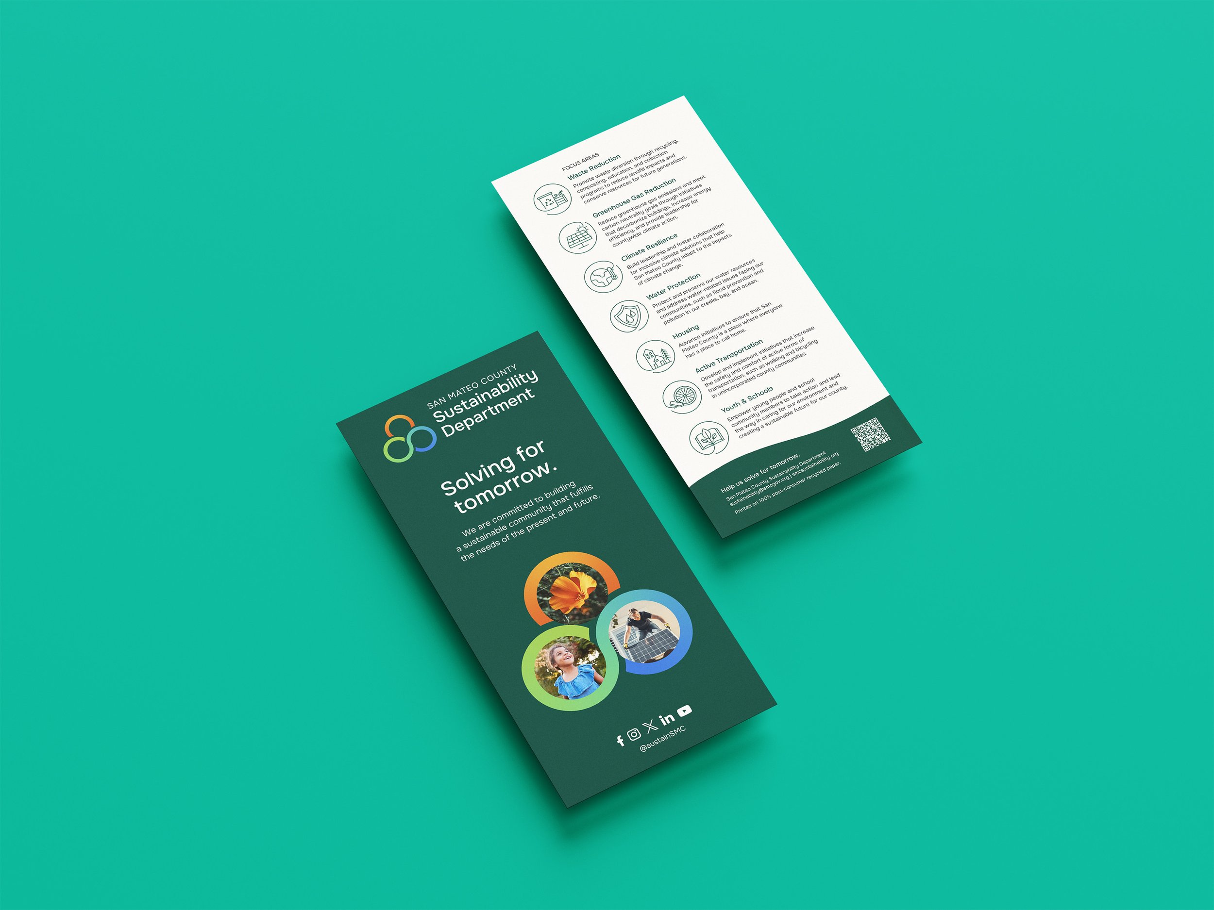 San Mateo County Sustainability Department rack card with focus areas