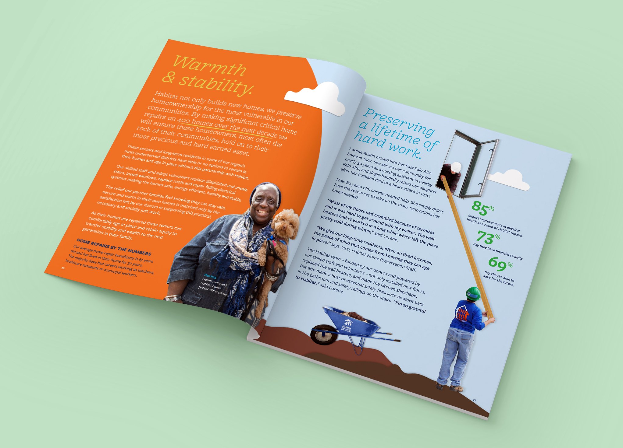 Habitat for Humanity Greater San Francisco brochure "Warmth and stability."; "Preserving a lifetime of hard work." 2 page spread