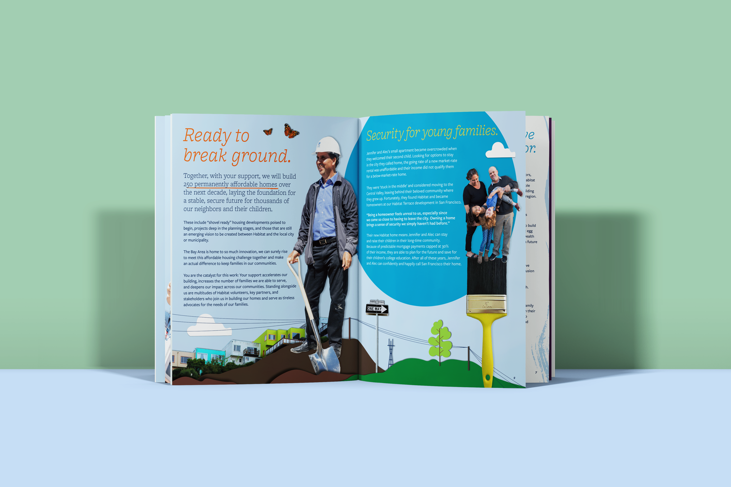 Habitat for Humanity Greater San Francisco brochure "Ready to break ground." and "Security for young families." 2 page spread