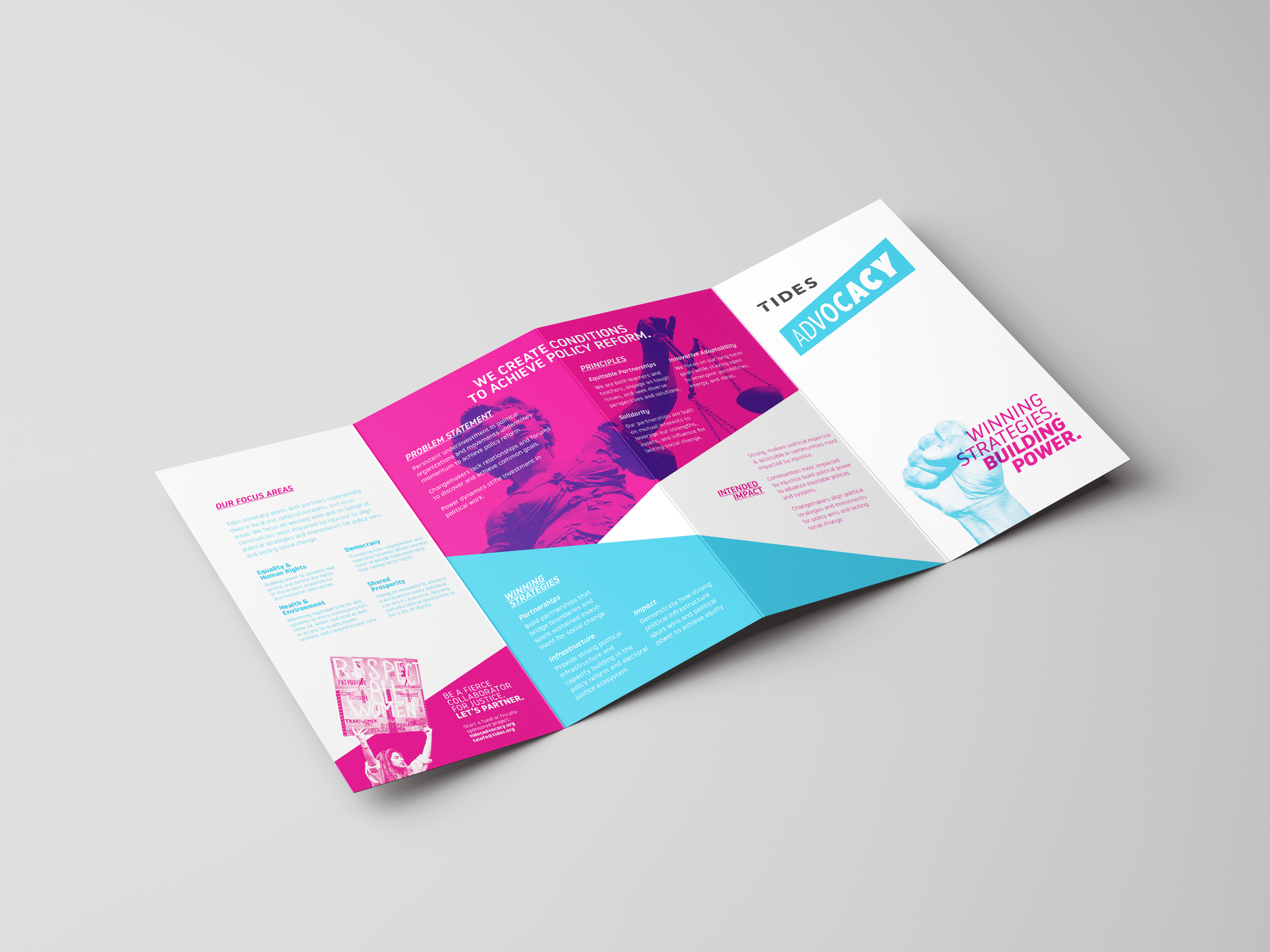 The backside of a brochure for Tides Advocacy that features a fist in blue with words that say "Winning strategies. Building power." The center of the brochure features Lady Justice in pink.