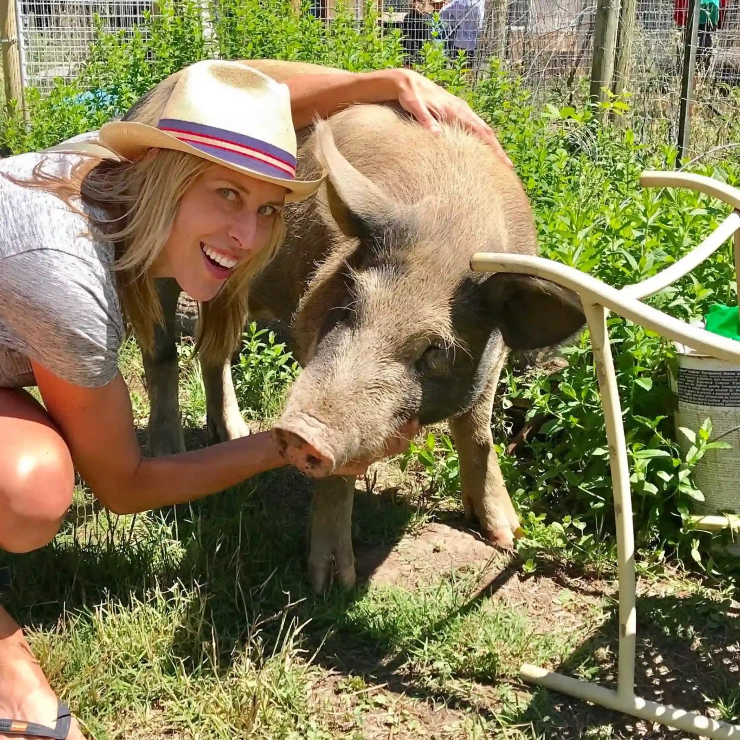Aimee Kilmer with her arms around a big in a farm setting.