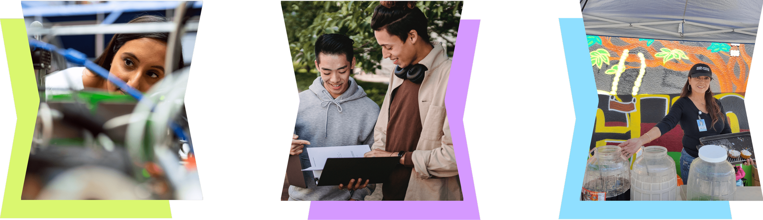 3 Eden Youth icon image treatments. Girl working in STEM, 2 guy students looking at folder, woman volunteering