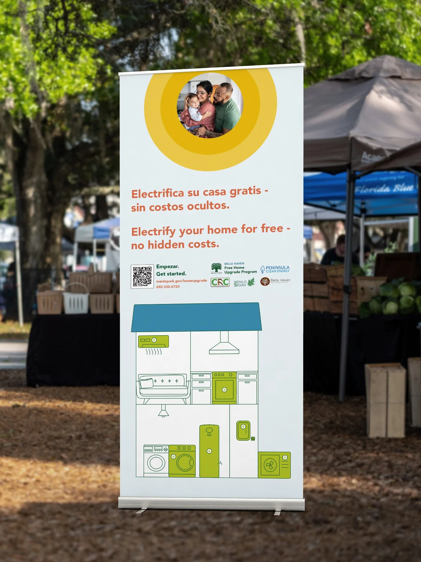 City of Menlo Park Electrification Rollup Banner at an outdoor market event.