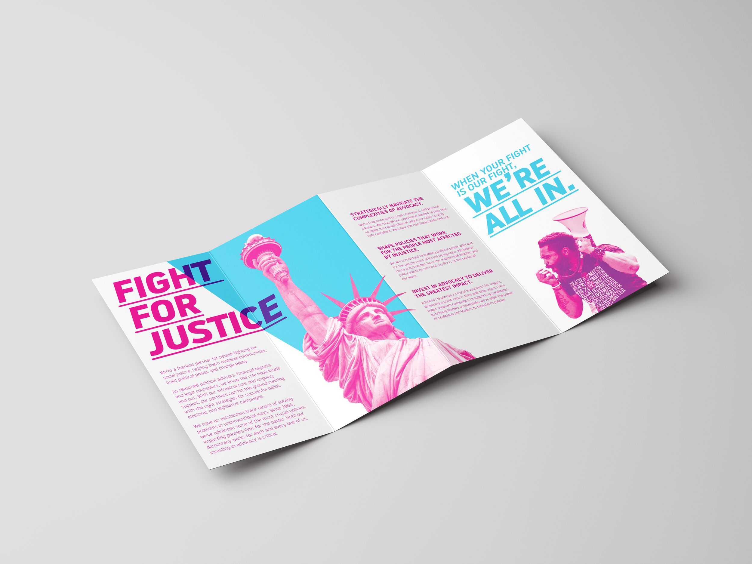 A brochure laid flat that reads "Fight for Justice" with the Statue of Liberty in pink on a blue background, the opposite side reads "We're All In" with a black man yelling into a loud speaker.