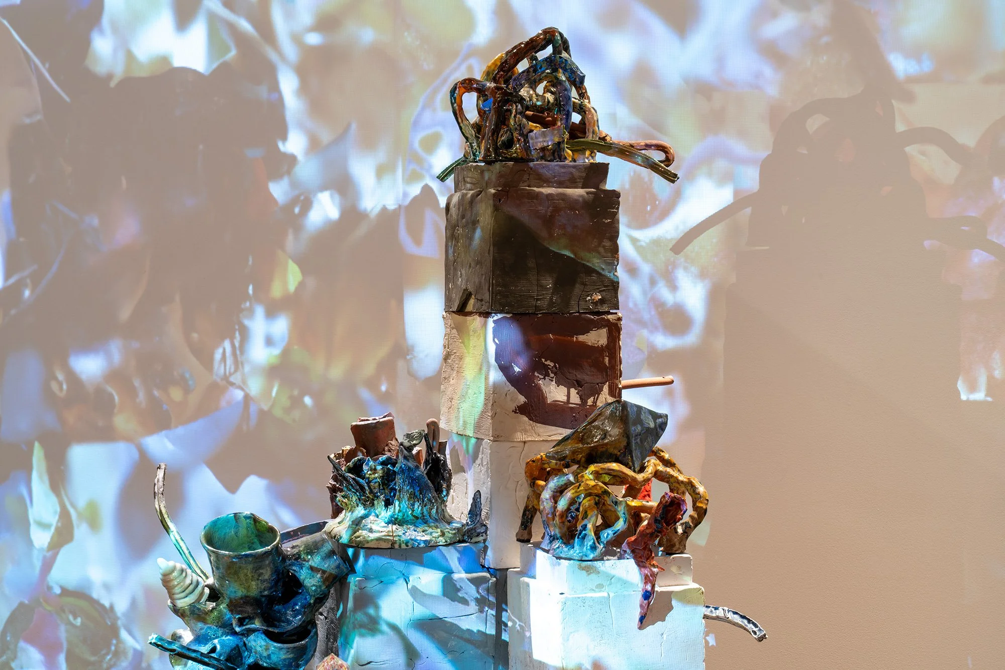 "Realities" 96 x 96 x 76" Ceramic and Projected installation 2025 Collaboration with Patrick Durka
