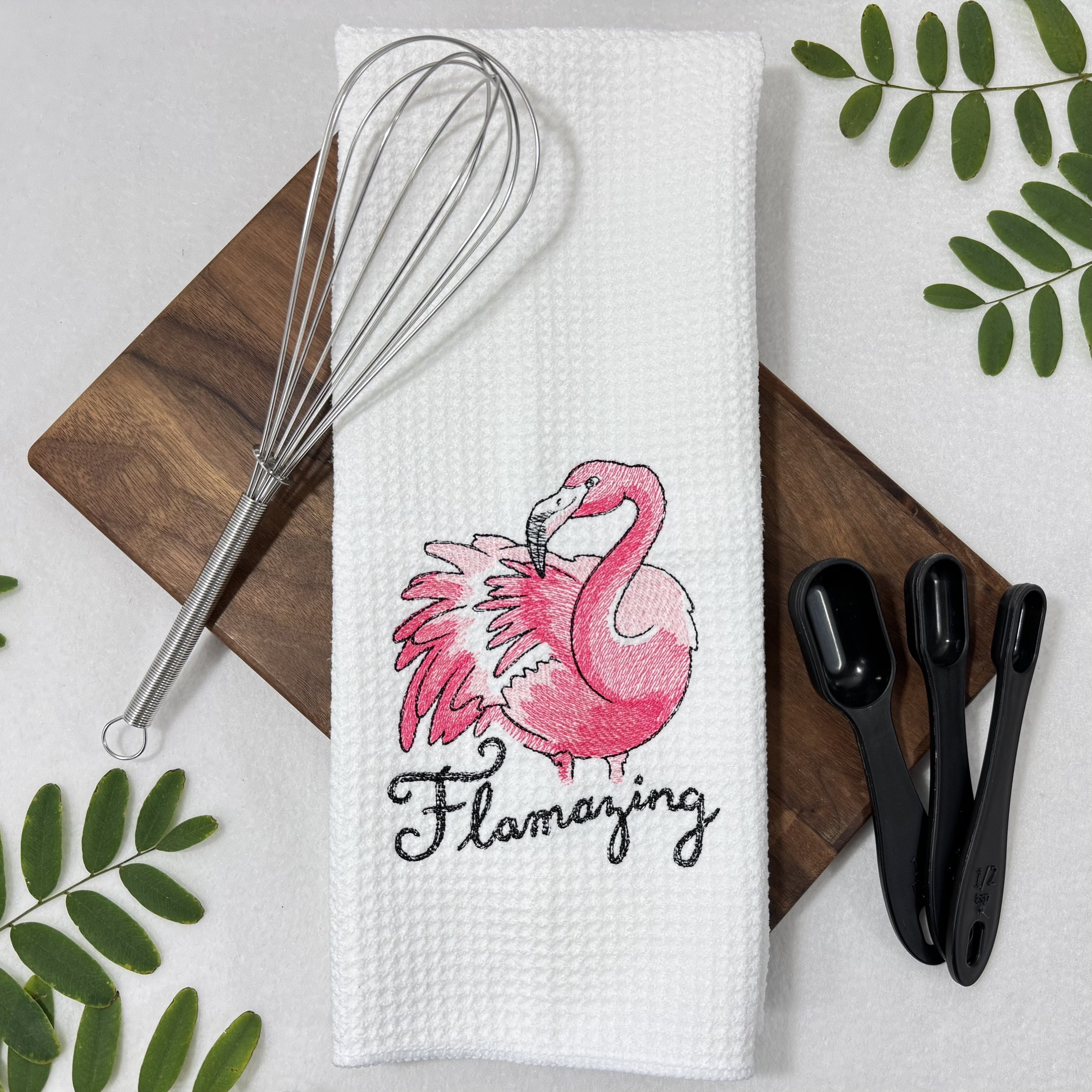 Flamazing flamingo embroidered kitchen towel.jpeg