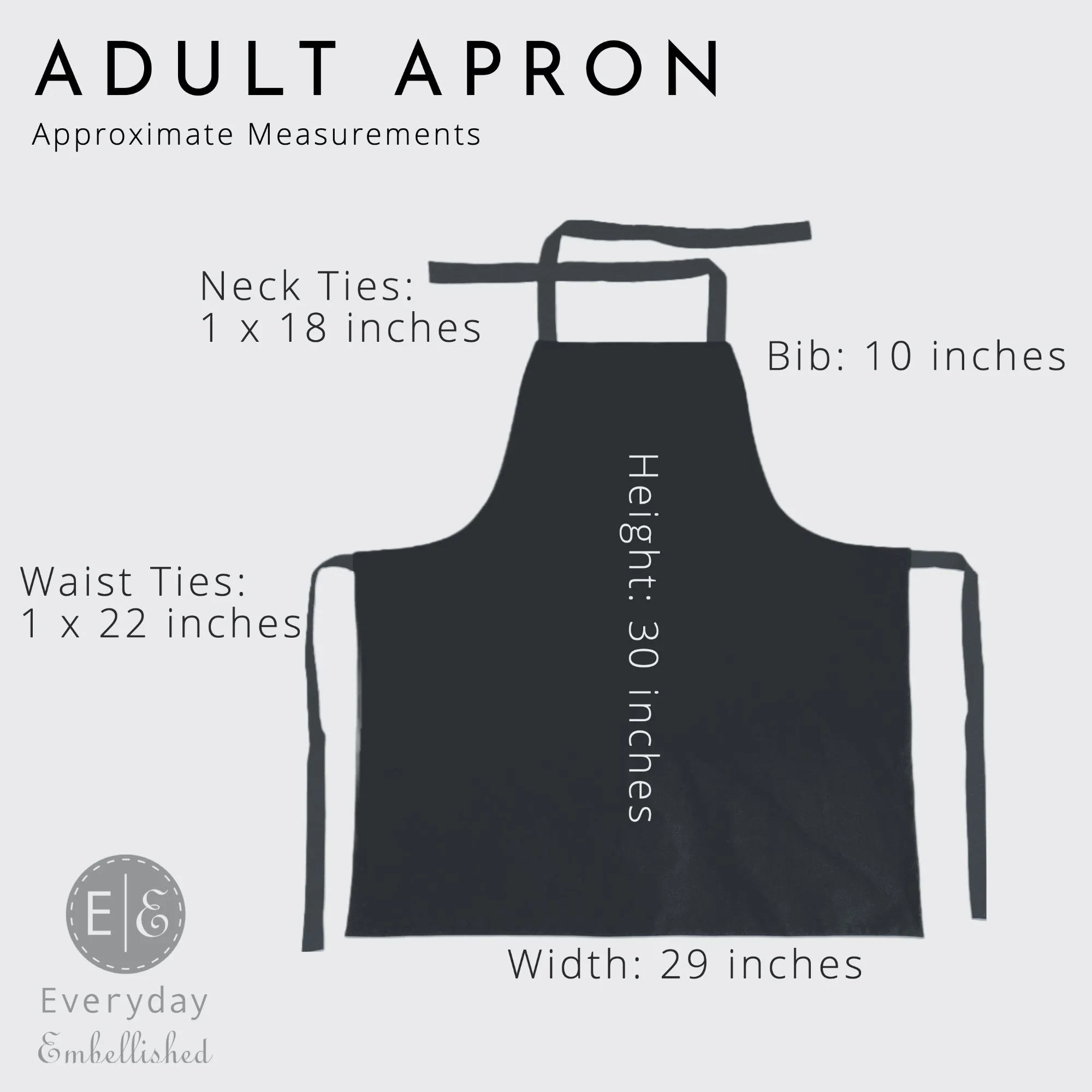 Measurement guide graphic for adult bib aprons showing approximate length, width, bib, and tie dimensions