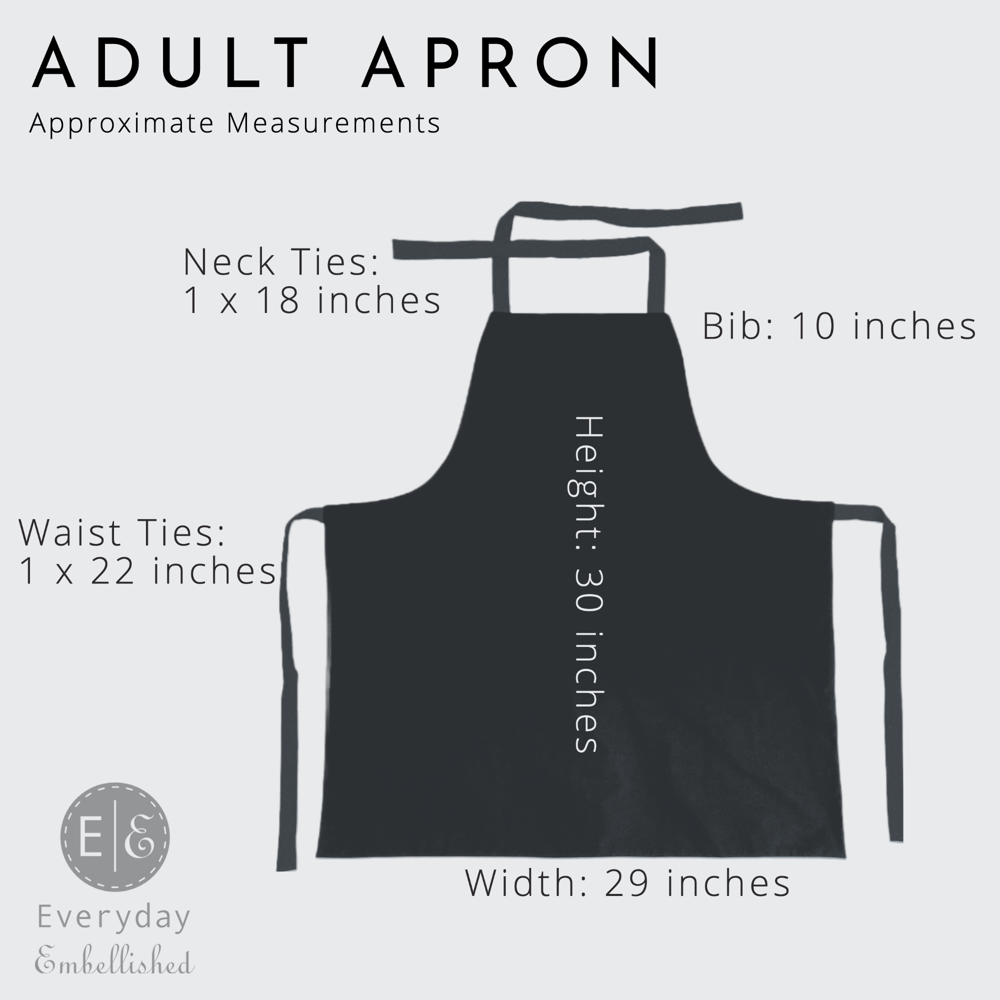 Measurement guide graphic for adult bib aprons showing approximate 29-inch width, 30-inch length, bib coverage, and adjustable tie dimensions