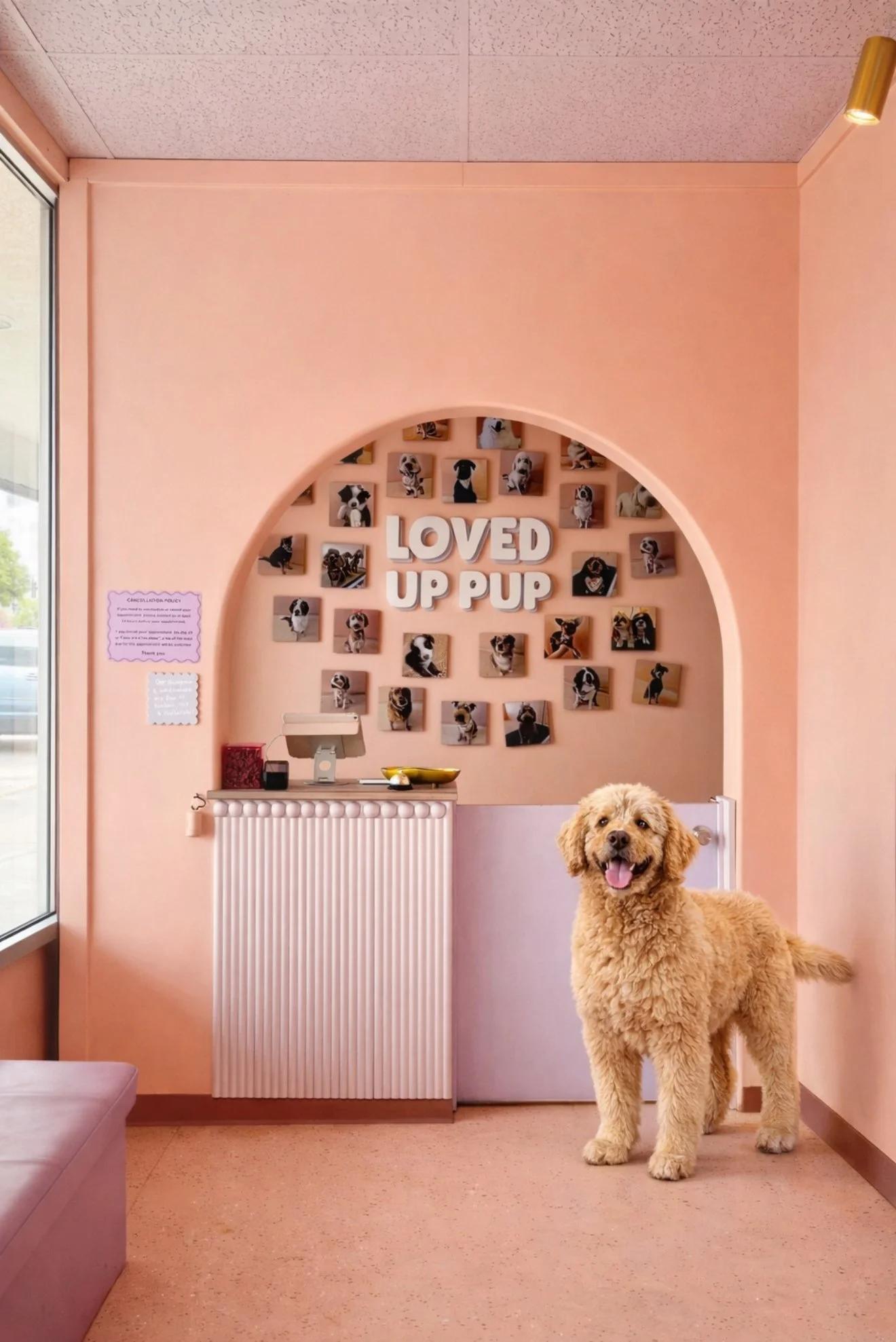 Interior of a pet grooming or veterinary clinic with a pink wall, a display of dog photos arranged around the words "Loved Up Pup," and a smiling, fluffy, golden doodle dog standing in the foreground.