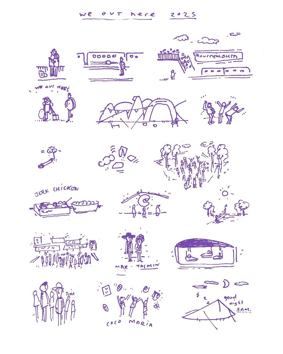 The day after memory sketches from we out here. I love doing these because if I don&rsquo;t, the day / night will be a blur. 

Taking the train from Waterloo to Bournemouth and then the bus to @weoutherefest 

Catching up with my bro and his friends,