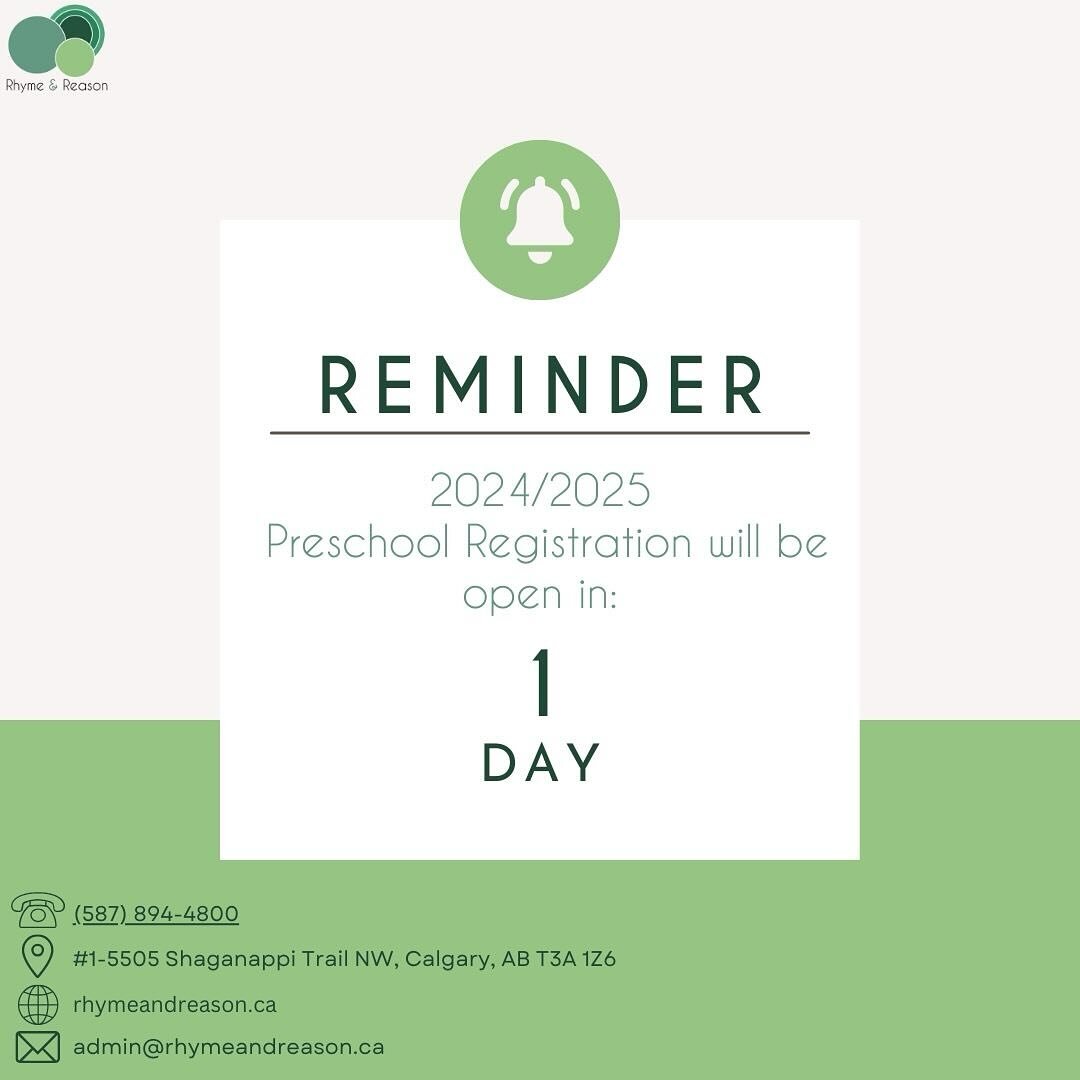 Tomorrow is the big day! Spread the word and get ready for the 2024/2025 school year with us! 

#yycpreschool #earlychildhoodeducation #earlylearning #preschoolyyc #elcc