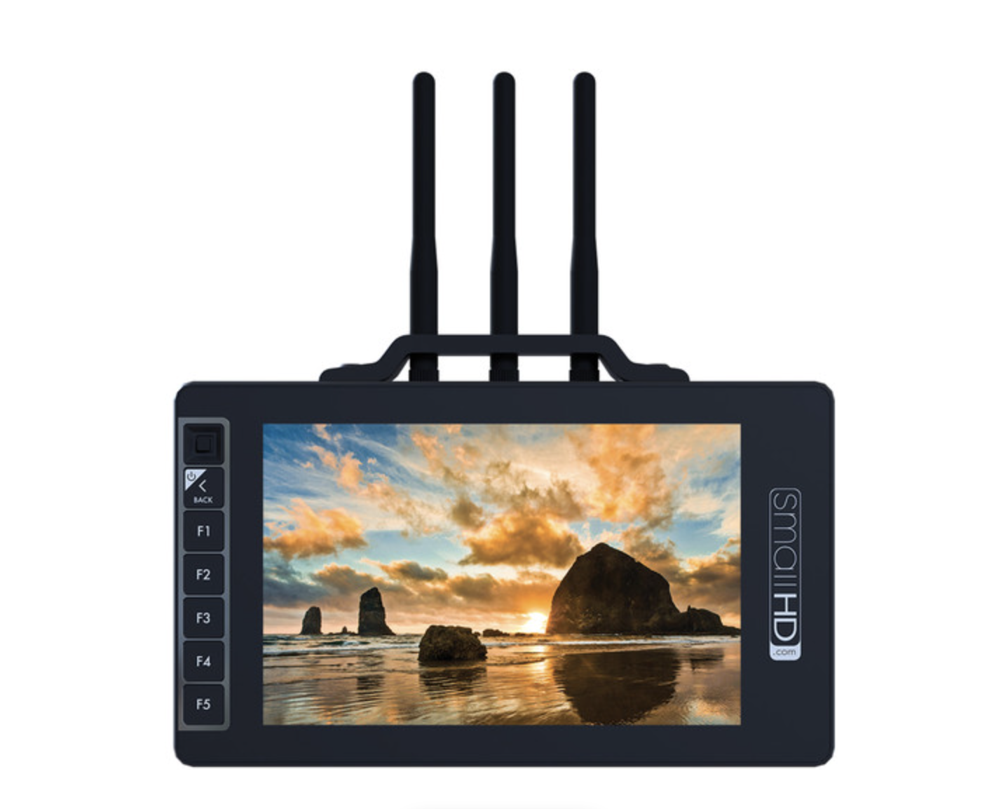 A 7" wireless smallhd monitor displaying a beach landscape with rocks. 