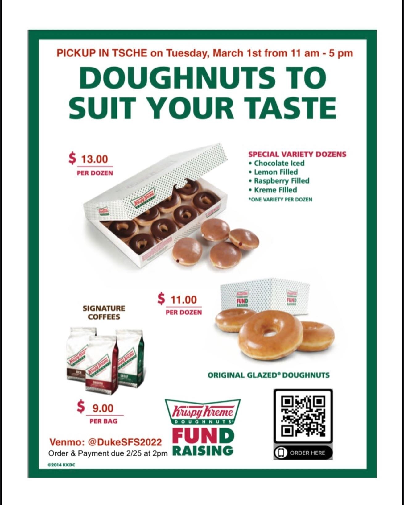 KRISPY KREME SALE this week 🍩 Order with the QR code and Venmo by Friday 2/25 at 2pm. Pickup on 3/1 11a-5p in TSCHE. All proceeds benefit Root Causes with partner Farmer Foodshare! Tell your friends 💕