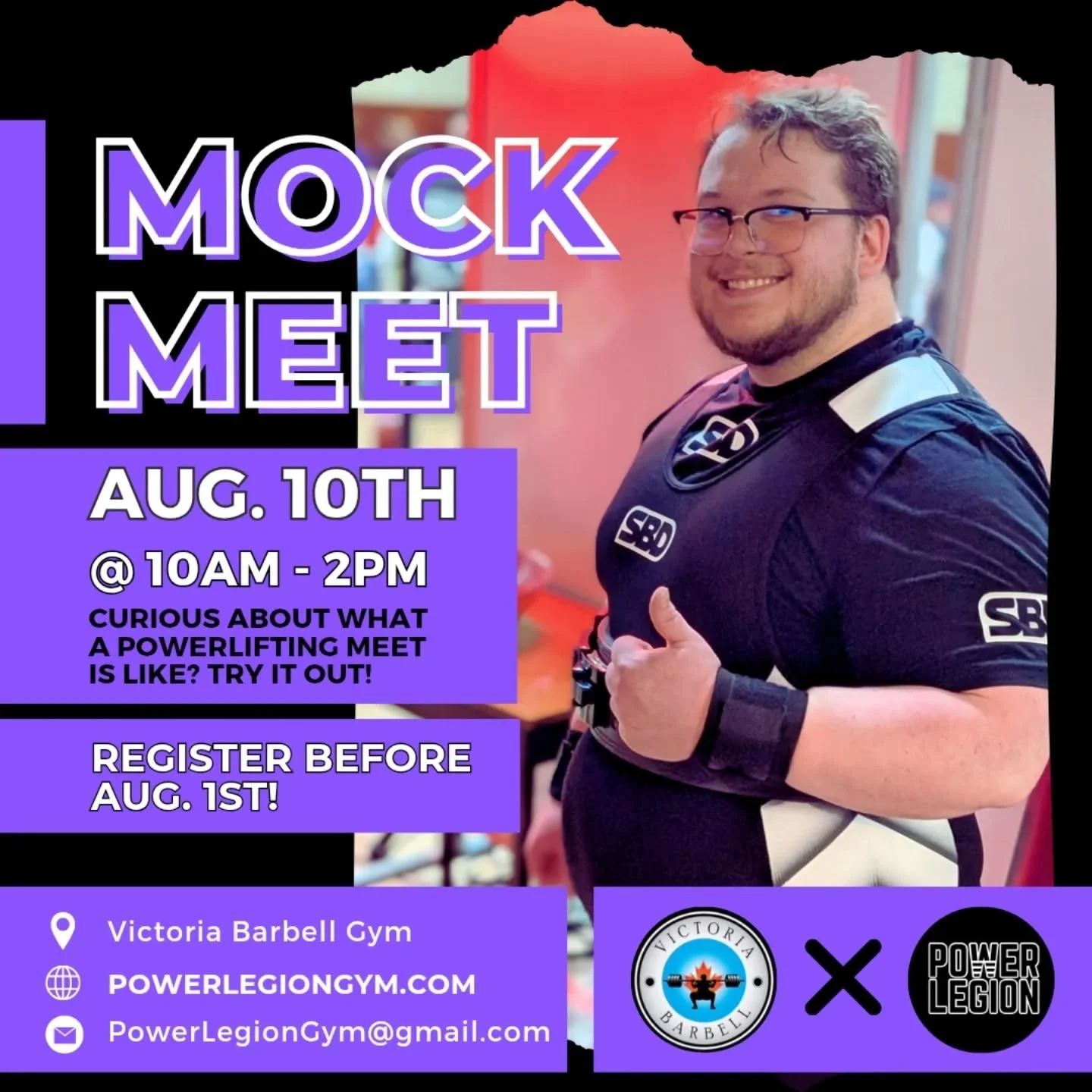 It's back! Our second Mock Meet of the year!

Get your registration in quick - spots are limited! 

Are you new to powerlifting? Want to test out your lifts before Victoria Barbell Meet in November? Register today for Power Legion's Mock Meet via ema