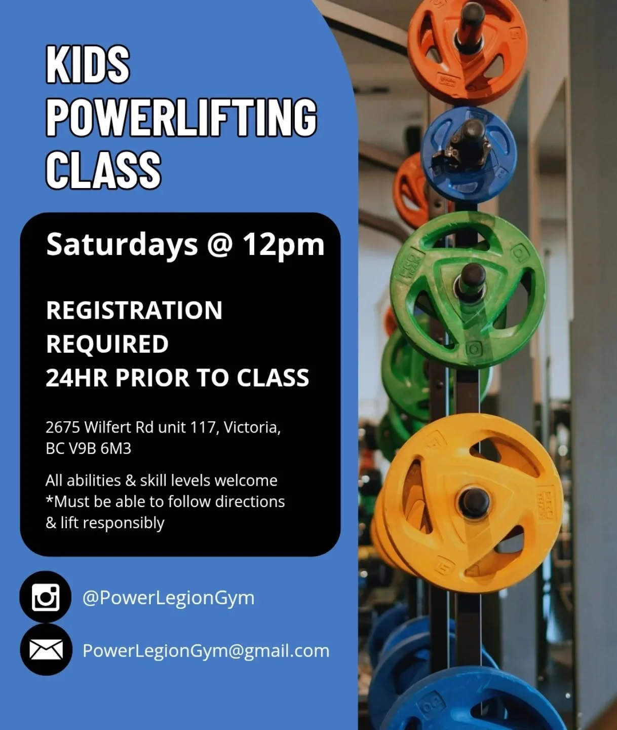 Kids Classes are Back! Join us this Saturday at 12pm!

Pre-registration required - $20 per class (purchase 1-4 classes at a time). Registration closes 24hrs prior to class to give coaches ample time to adapt the program for kids needs.

PowerLegionGy