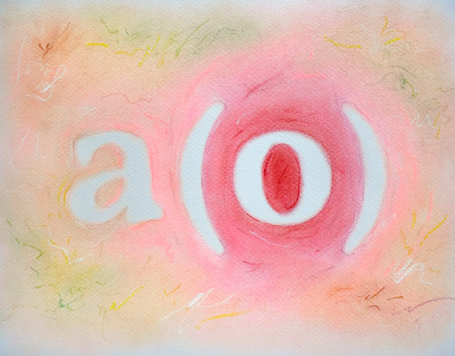 The "a(o)" logo in blended pastels, framed by pink, red, yellow, green, and brown hues on a pink background.