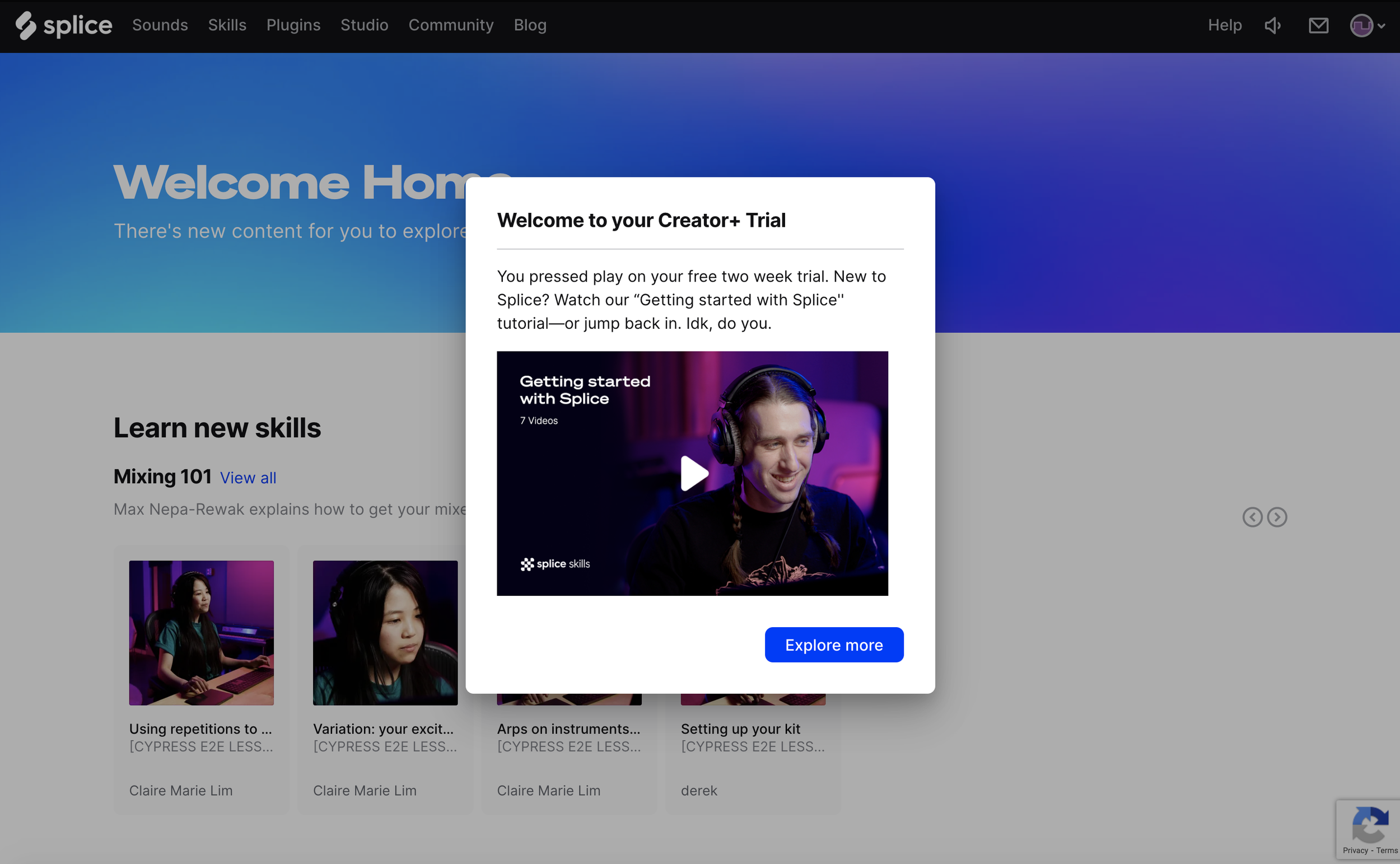 Splice lesson in the trial confirmation modal