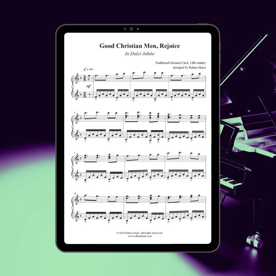 raluca bojor christmas piano solo arrangement advanced sheet music holiday festive good christian men rejoice in dulci jubilo church prelude offertory postlude recital concert performance