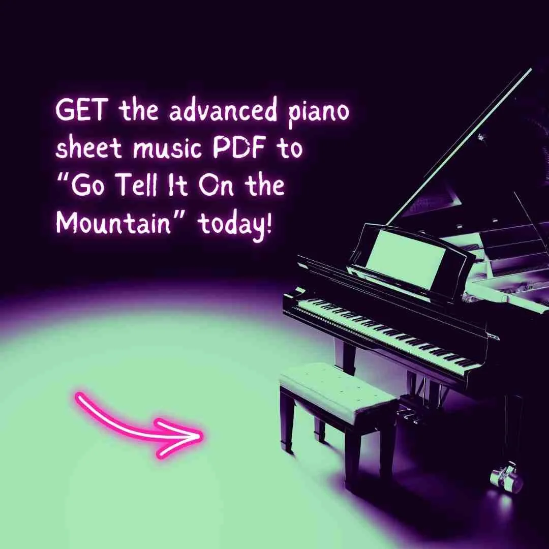 Piano sheet music arrangement Christmas carol advanced level church prelude postlude offertory hymn sacred gospel style traditional spiritual Go Tell It On the Mountain arranged by Raluca Bojor
