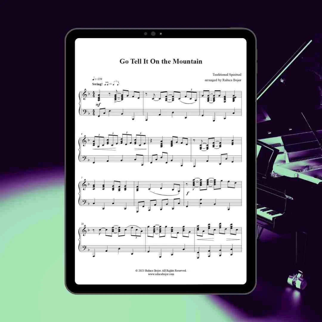 Piano sheet music arrangement Christmas carol advanced level church prelude postlude offertory hymn sacred gospel style traditional spiritual Go Tell It On the Mountain arranged by Raluca Bojor