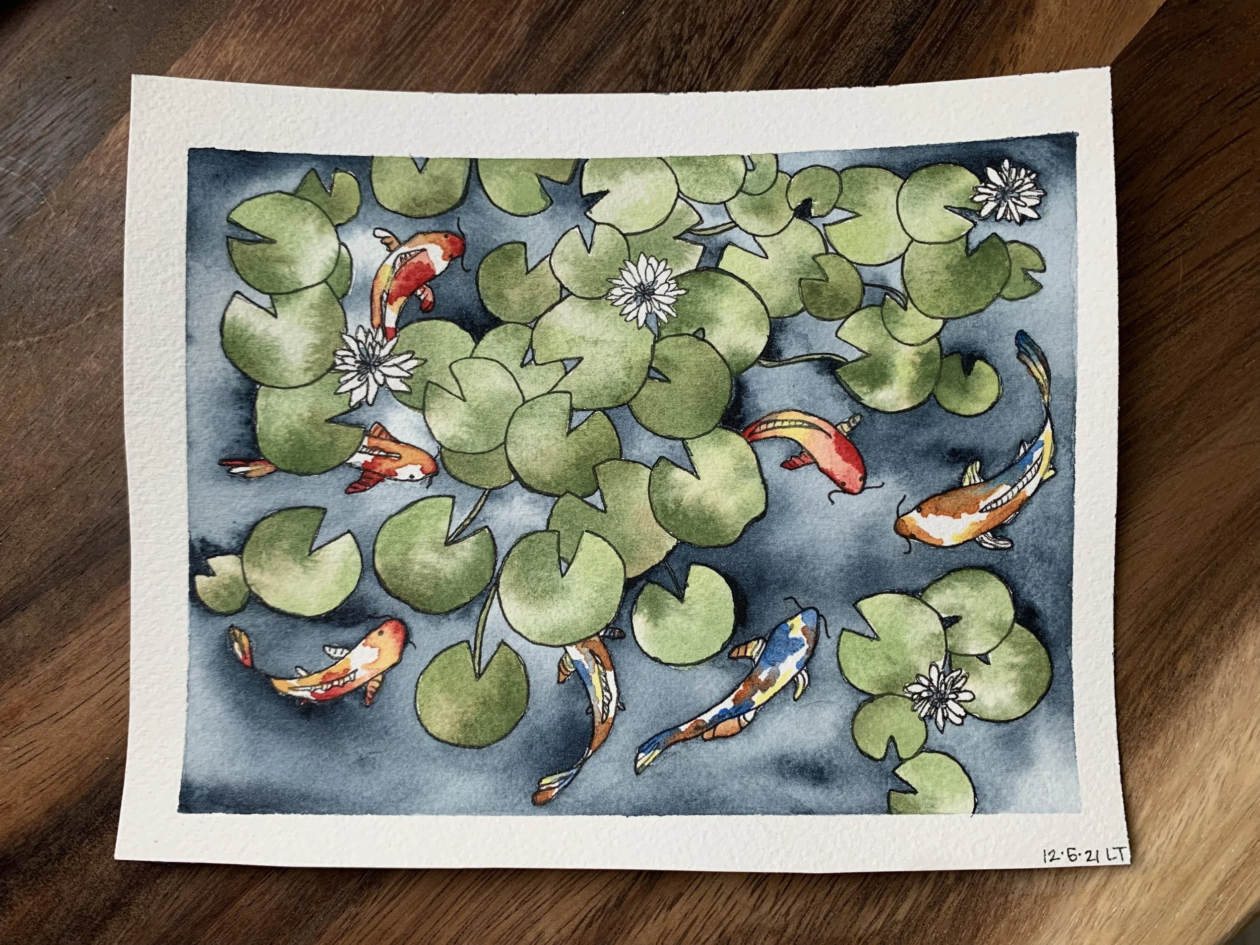 Koi Fish & Lily Pads - designed by Sarah Simon. painted in watercolor and ink by Laura