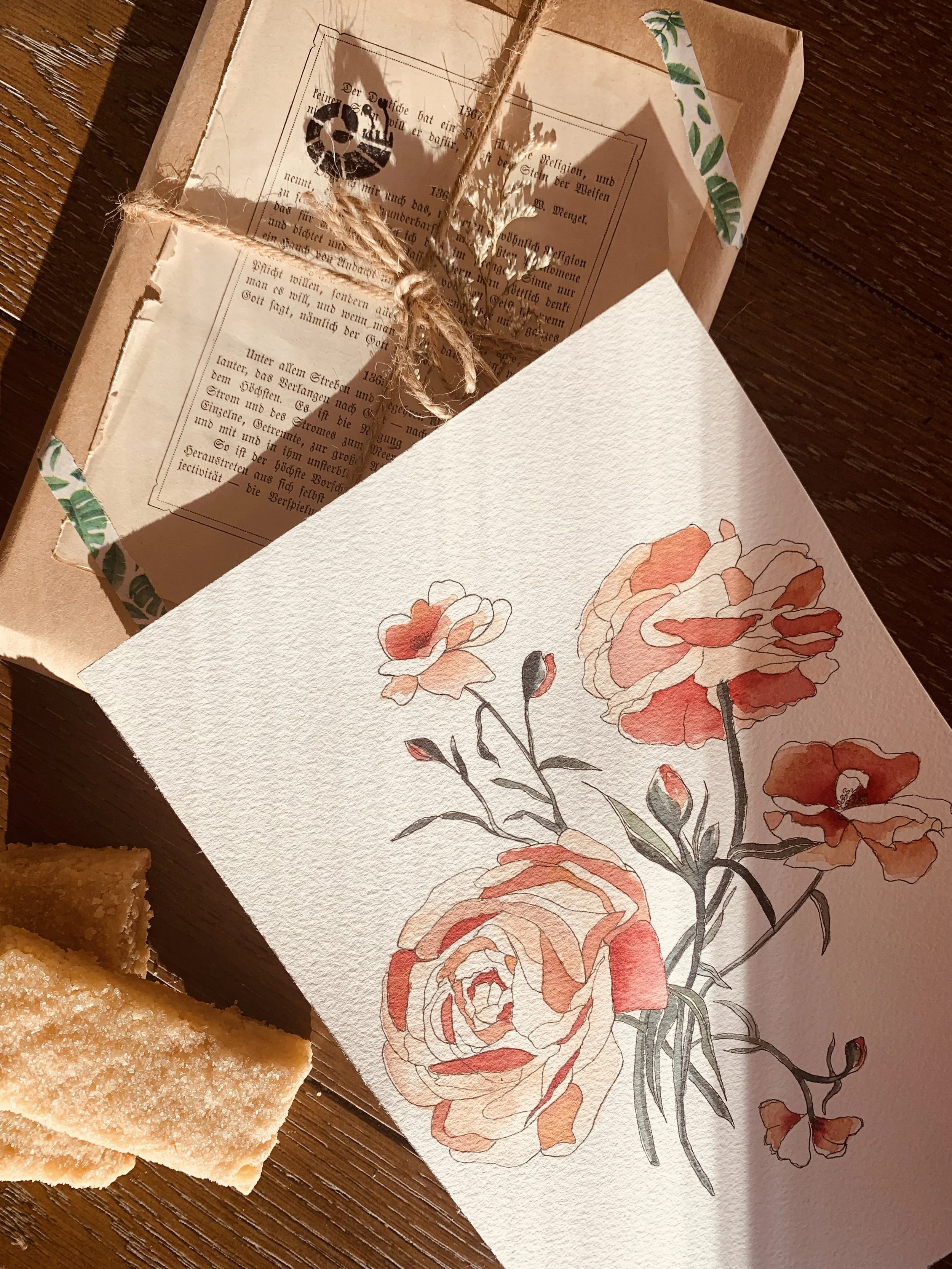 Peonies - designed by Sarah Simon. painted in watercolor and ink by Laura