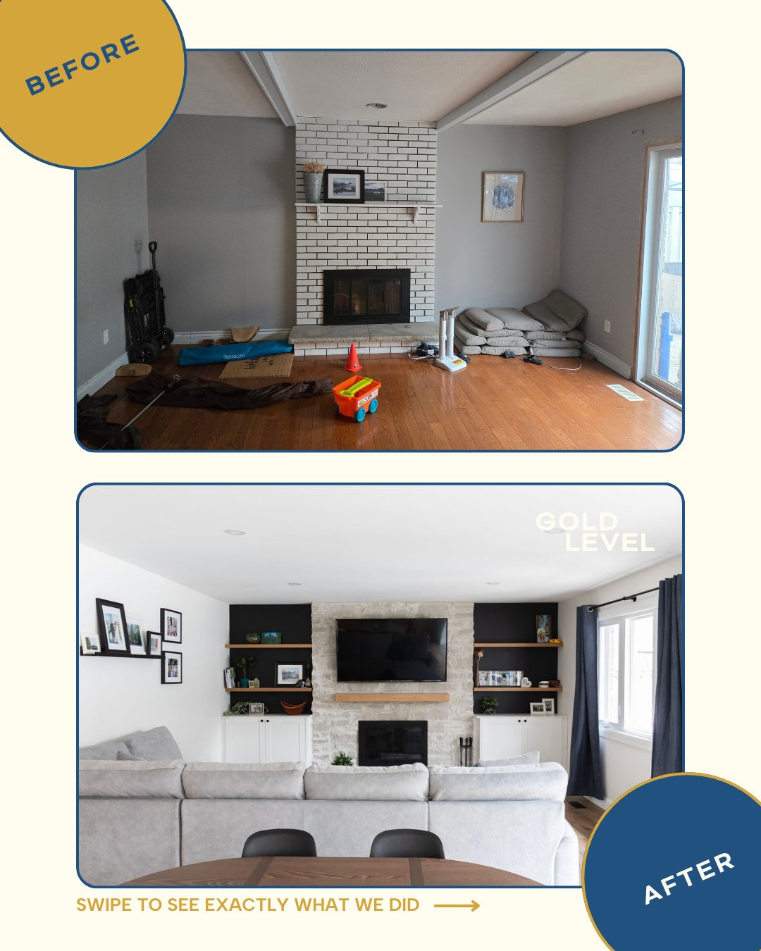 Welcome to another corner of this main floor transformation. New floors, fresh paint, and a custom stone fireplace that now anchors the entire living space.⁠
⁠
For more photos, visit goldlevel.ca/projects/hillsmount⁠
⁠
 📸 @salemefayad_photography