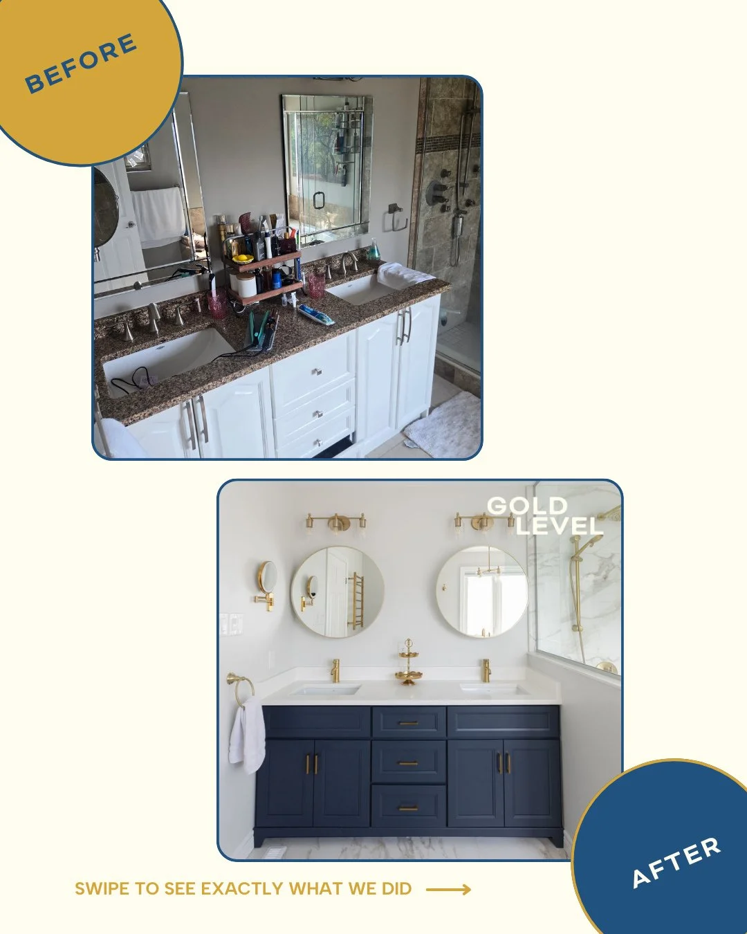 A before-and-after view of the Faircloth bathroom renovation.⁠
⁠
The original space featured a large jacuzzi tub and an older layout. We replaced it with a freestanding tub, built a custom walk-in shower, tiled the floors and walls, and installed a n