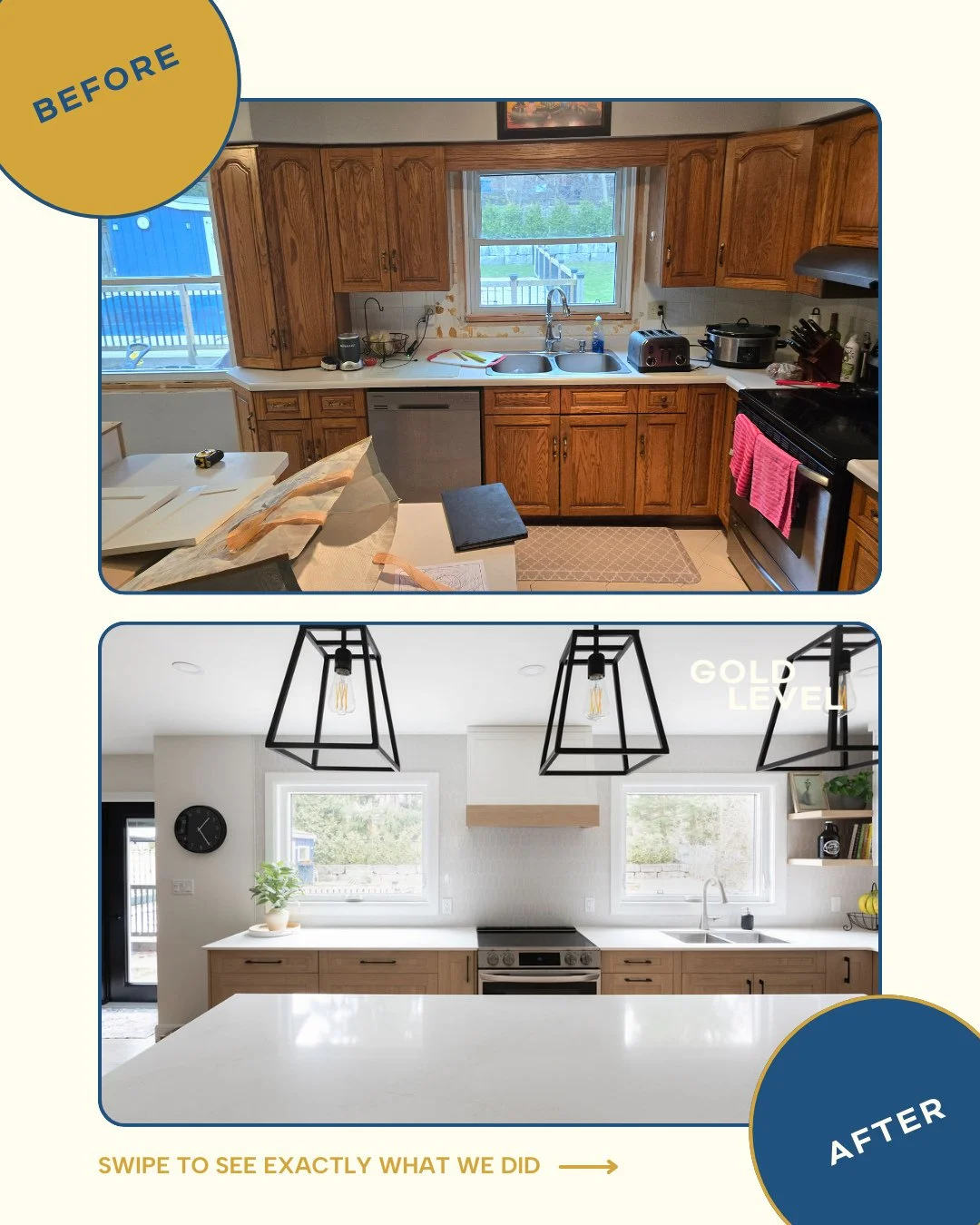 Before-and-after of the Hillsmount kitchen renovation. 🍋🍴⁠
⁠
8 weeks, 1100 square feet, and our signature Gold Level craftsmanship.⁠
⁠
For more photos of this space, visit ⁠
goldlevelcontracting.com/projects/hillsmount⁠
⁠
📸 @salemefayad_photograph