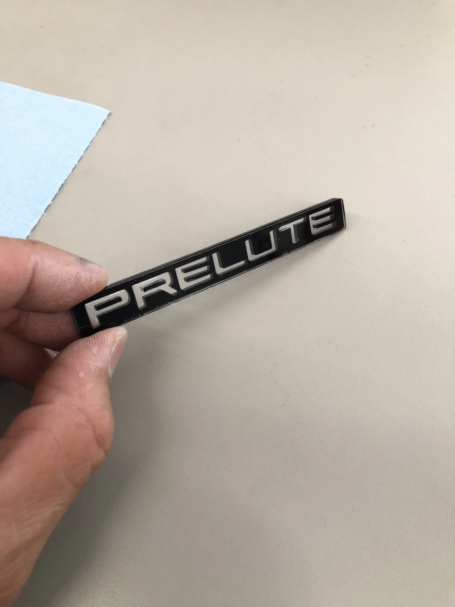 Laser cut and glued grille emblem with dimensions based on original "Prelude" emblem.